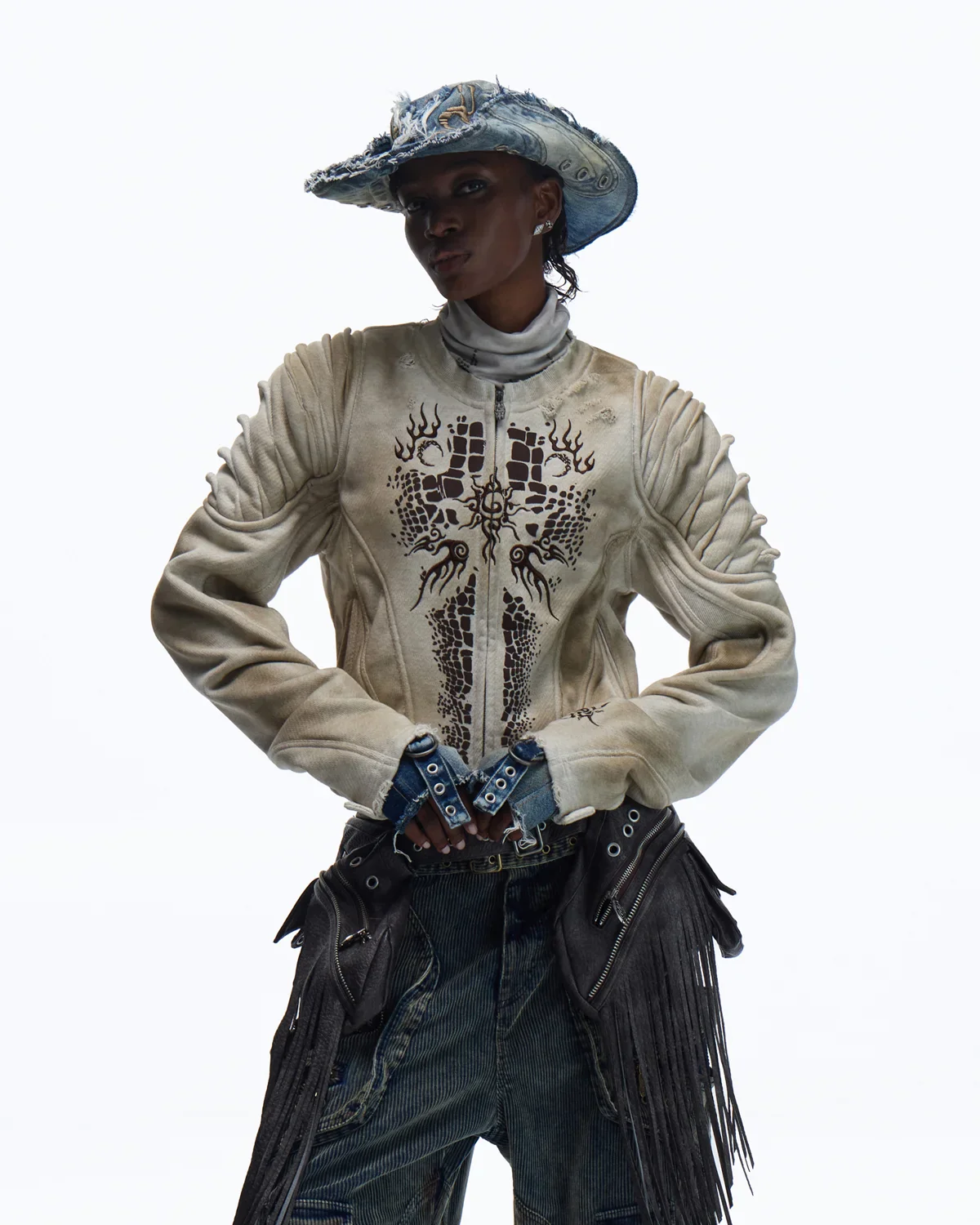 Personsoul Crocodile-print Slim-fit Cropped Jacket