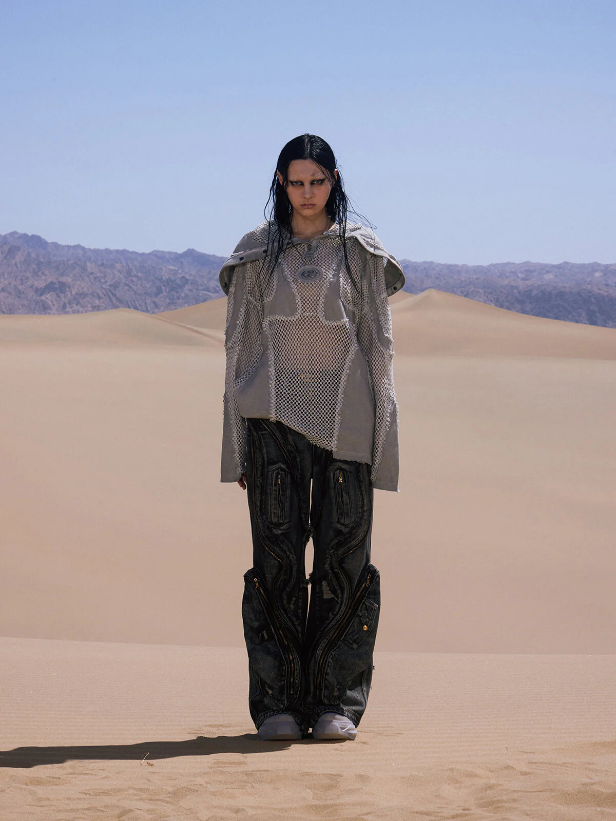 Personsoul Split Mesh Hooded Long Sleeves Top