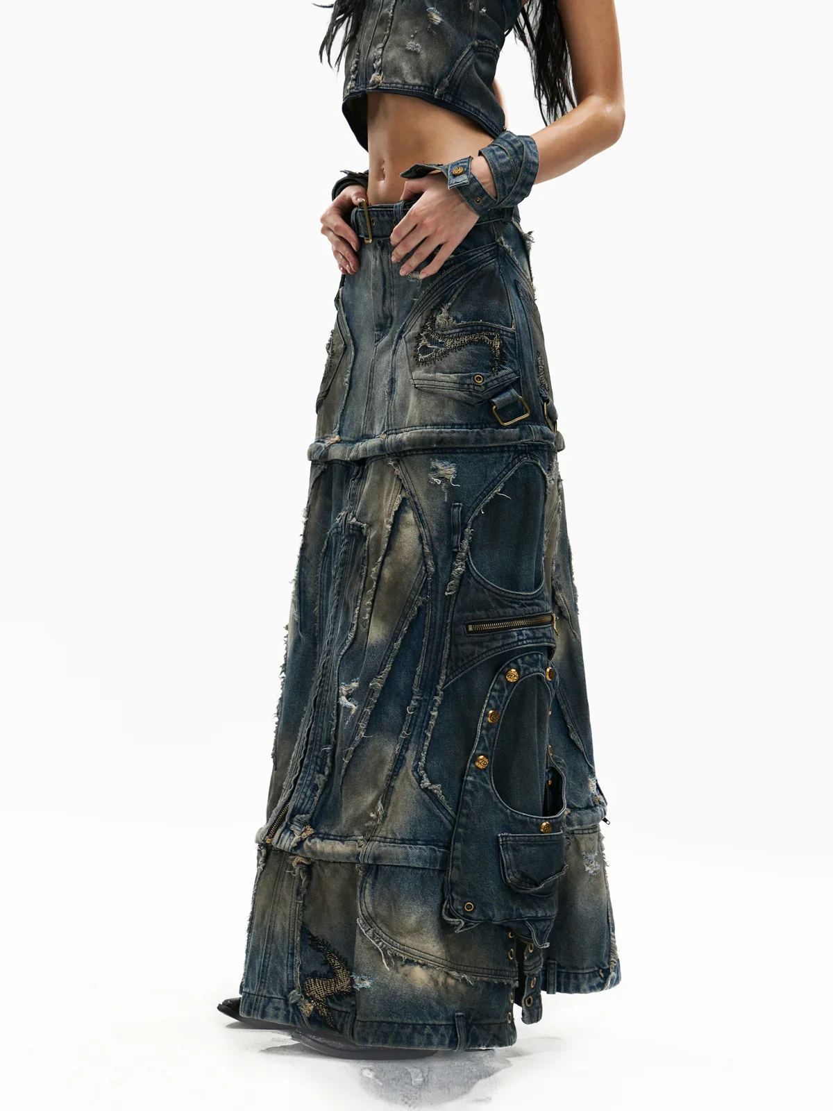 Personsoul Detachable Denim Cargo Skirt (6 in 1)