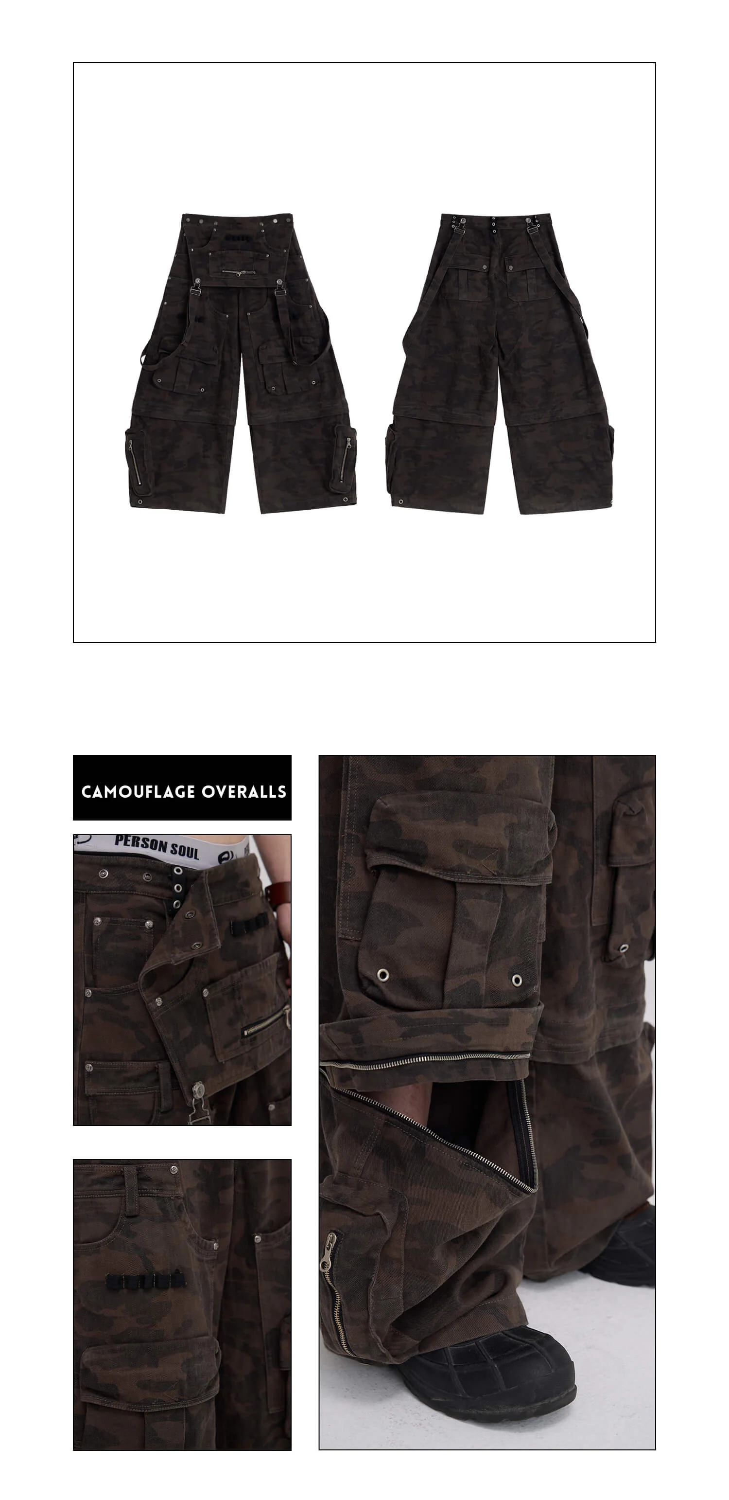 Personsoul Brown Camo Overalls with Zip-Off Legs