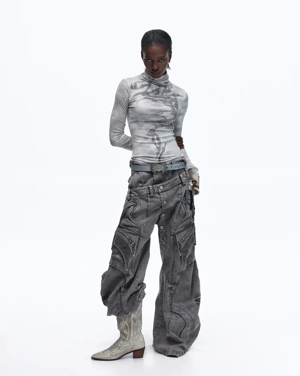 Personsoul Mock Double-Waist Wide-Leg Cargo Pants