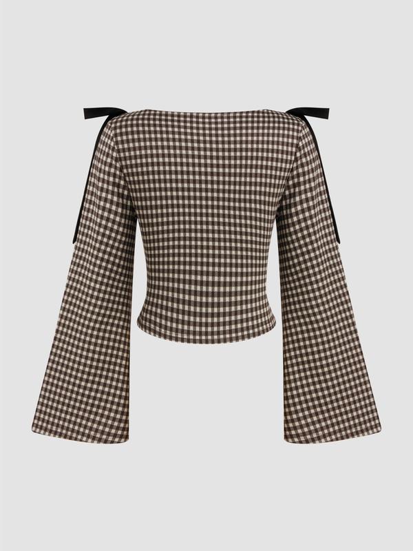 Cider Boat Neck Gingham Bowknot Ruched Long Sleeve Top