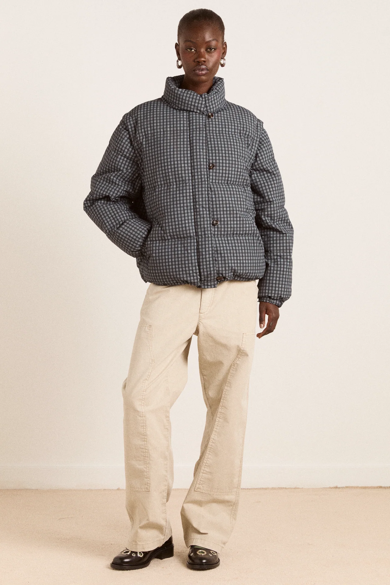 pearl check puffer - navy gingham