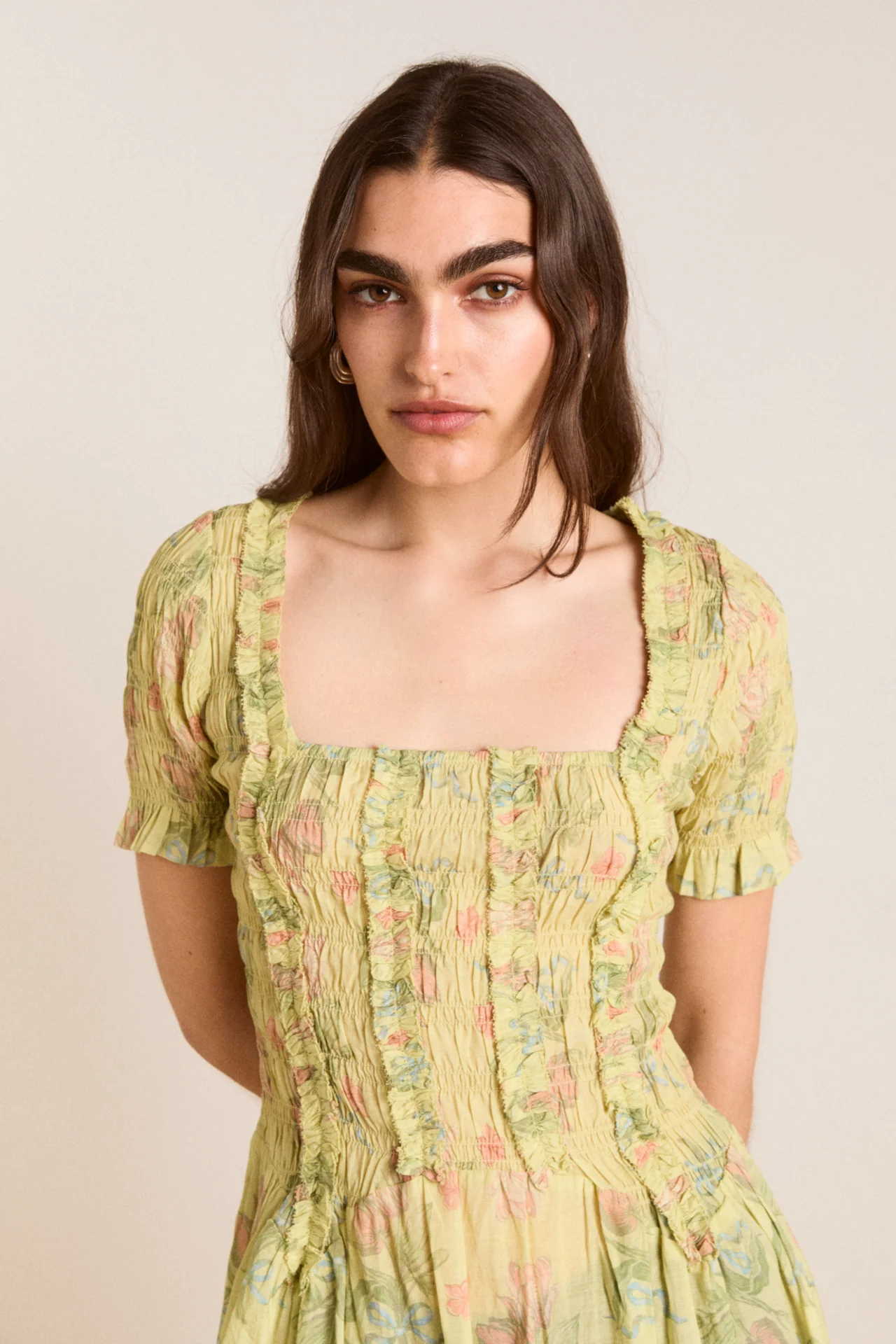 raphaela ruffle midi dress - sheer tulip olive