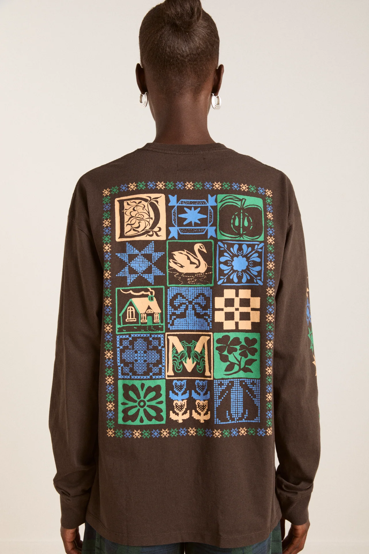 patchwork quilt ls tee - coffee bean