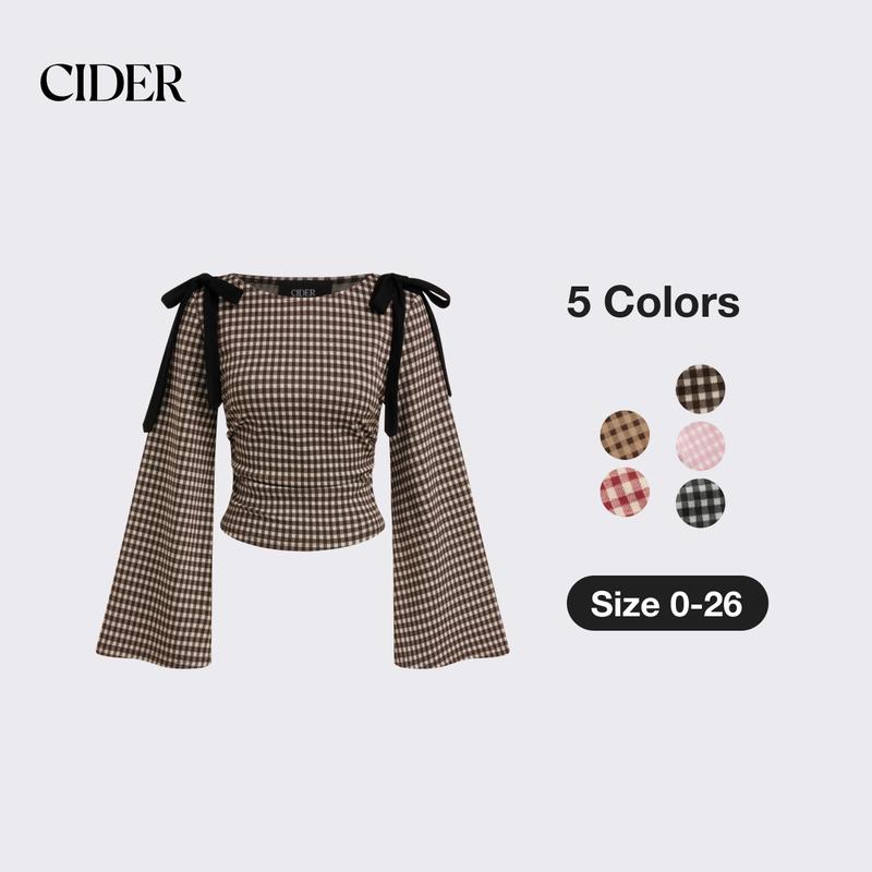 Cider Boat Neck Gingham Bowknot Ruched Long Sleeve Top