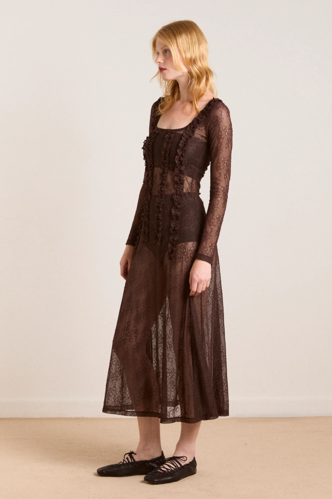 raphi lace midi dress - coffee