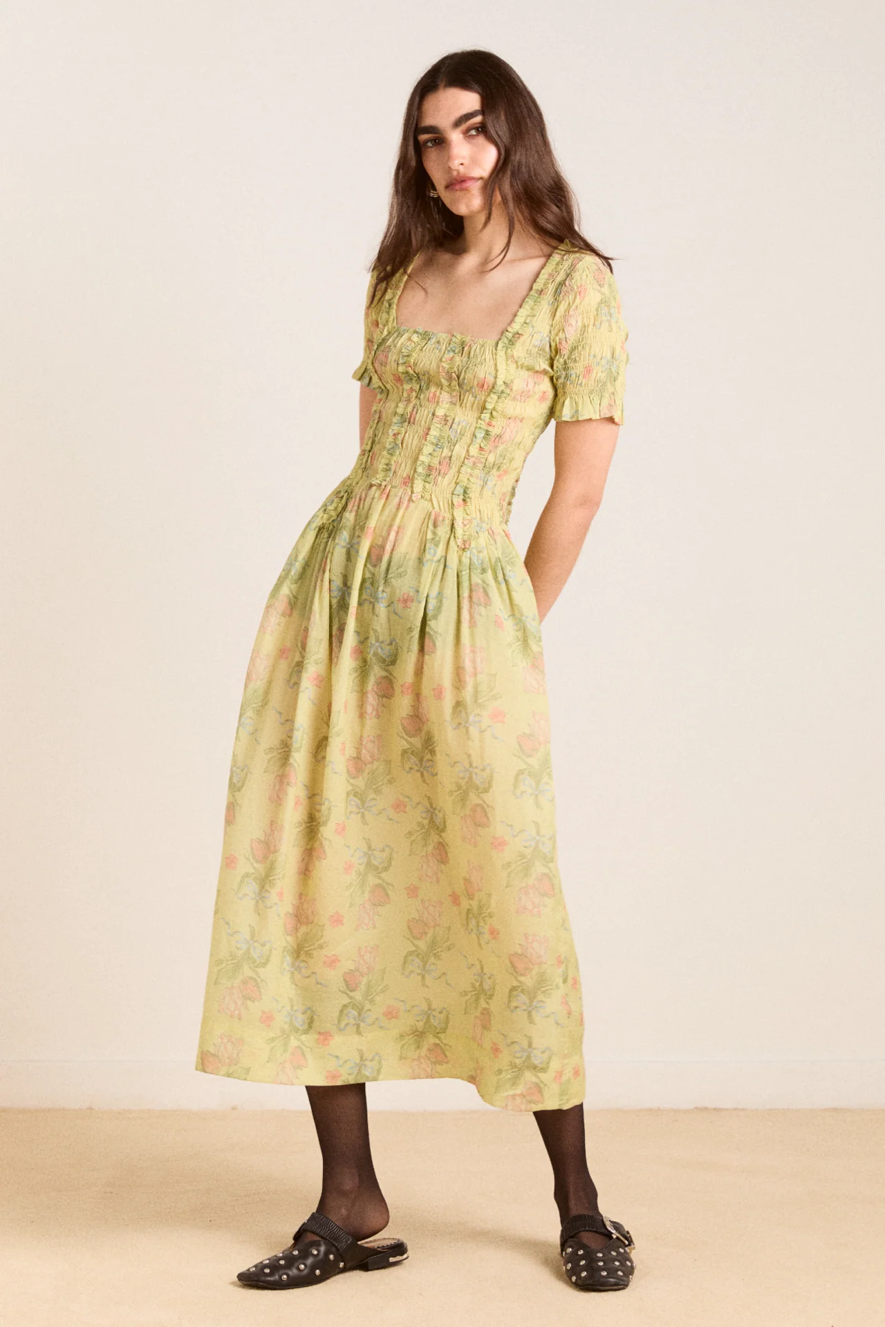 raphaela ruffle midi dress - sheer tulip olive