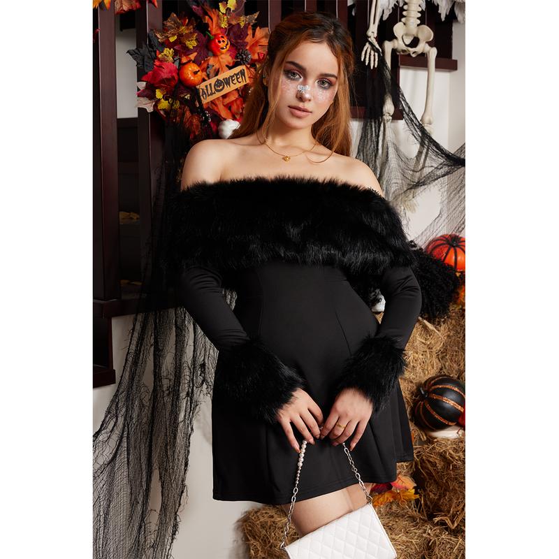 OYS Women's Off Shoulder Long Sleeve Fur Trim A-Line Party Club Mini Dress