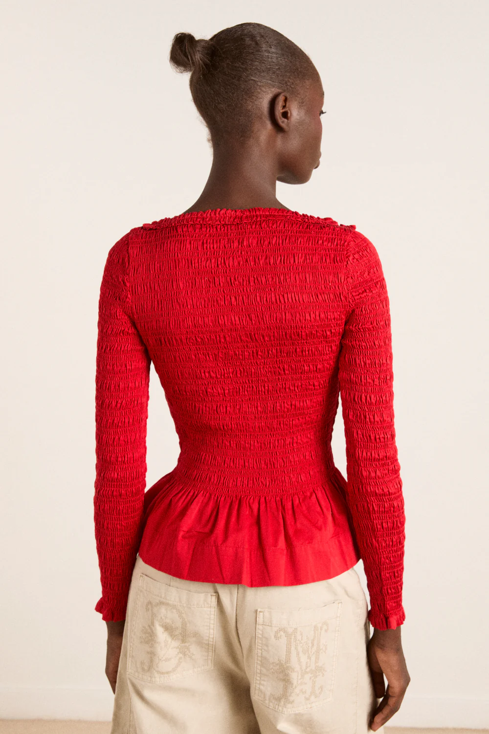 suri shirred cotton satin blouse - red