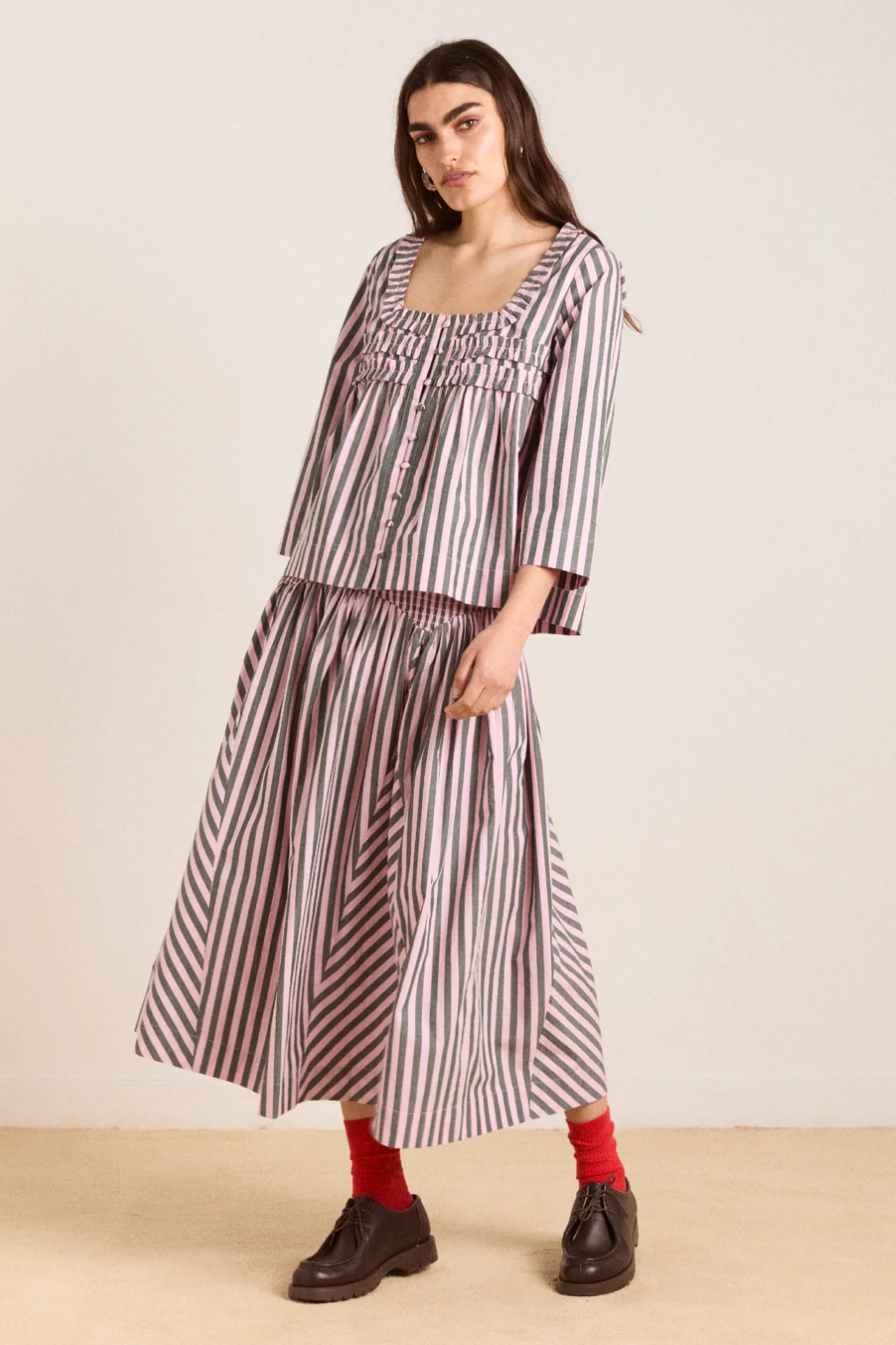 layla godet midi skirt - garden stripe