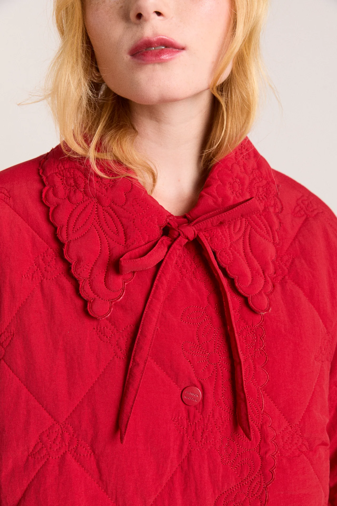 avery embroidered quilted coat - red