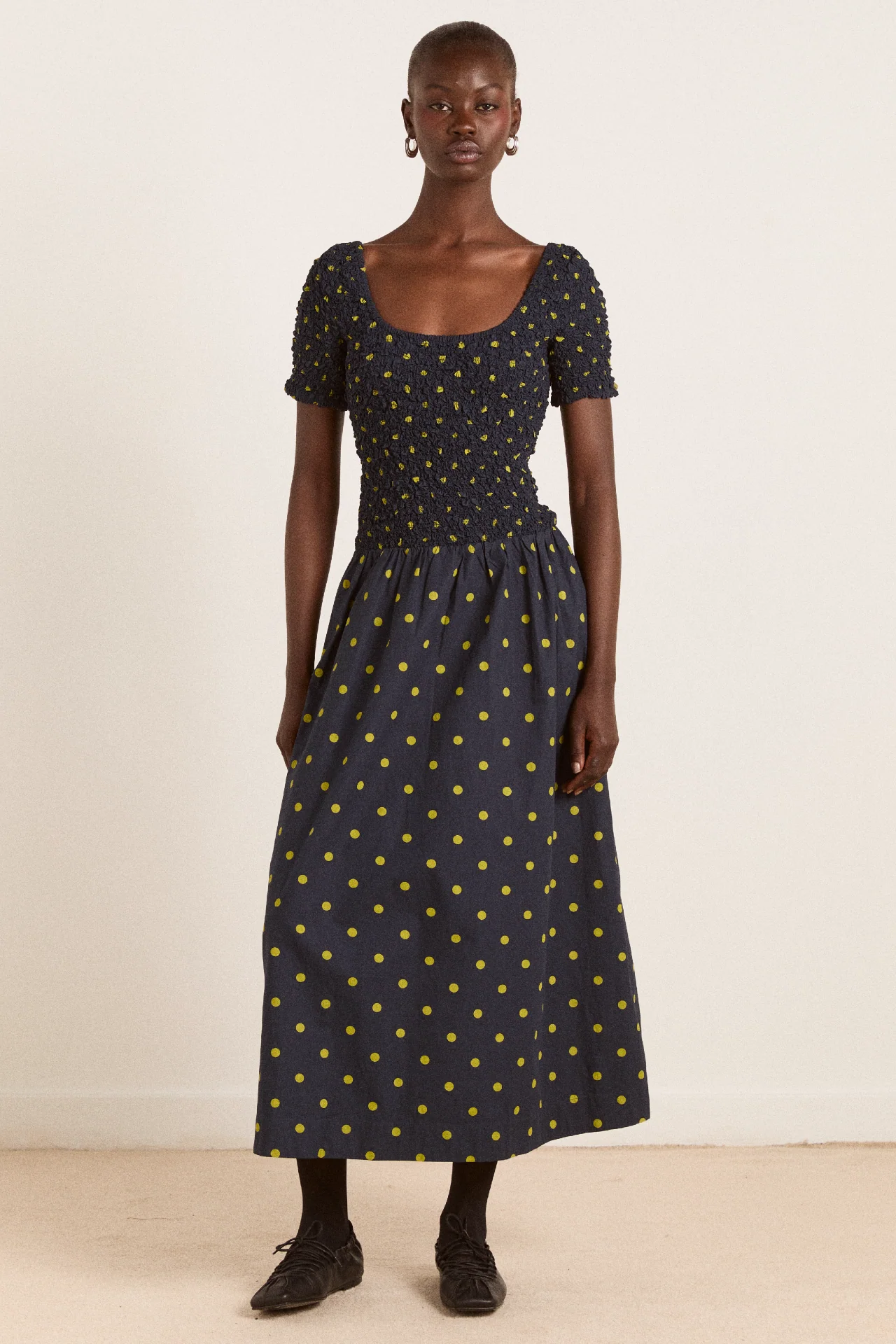 malinda super smocked midi dress - navy olive spot