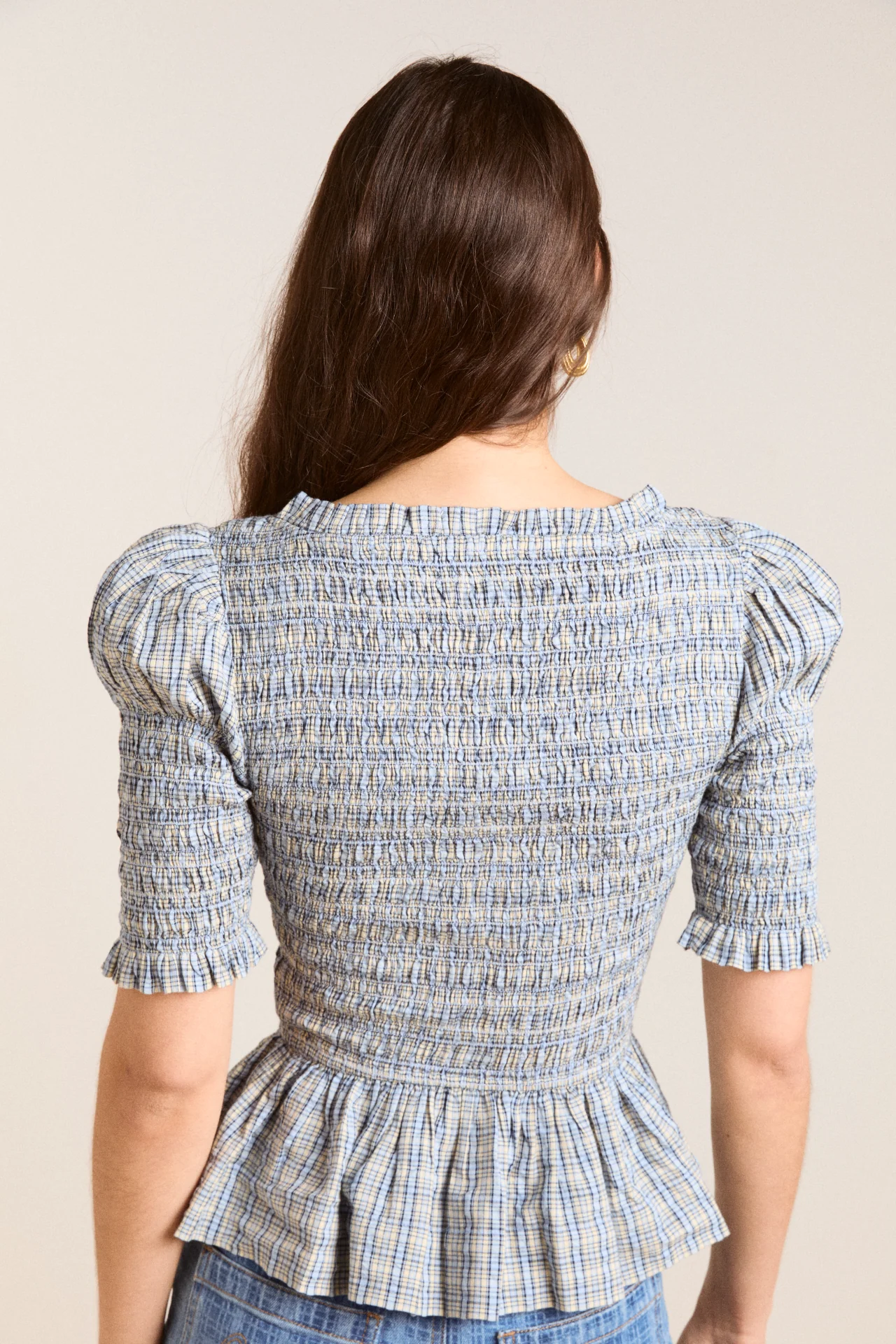 mansi shirred blouse - cloudy check