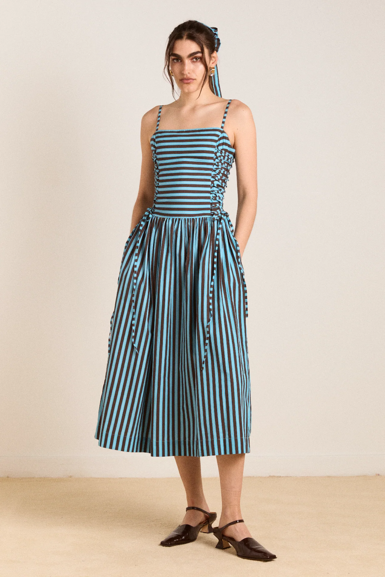 angelina midi dress - blue/choc stripe