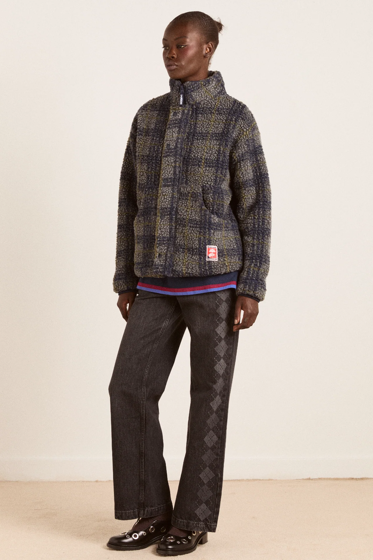 laurel borg jacket - grey marl olive pop check