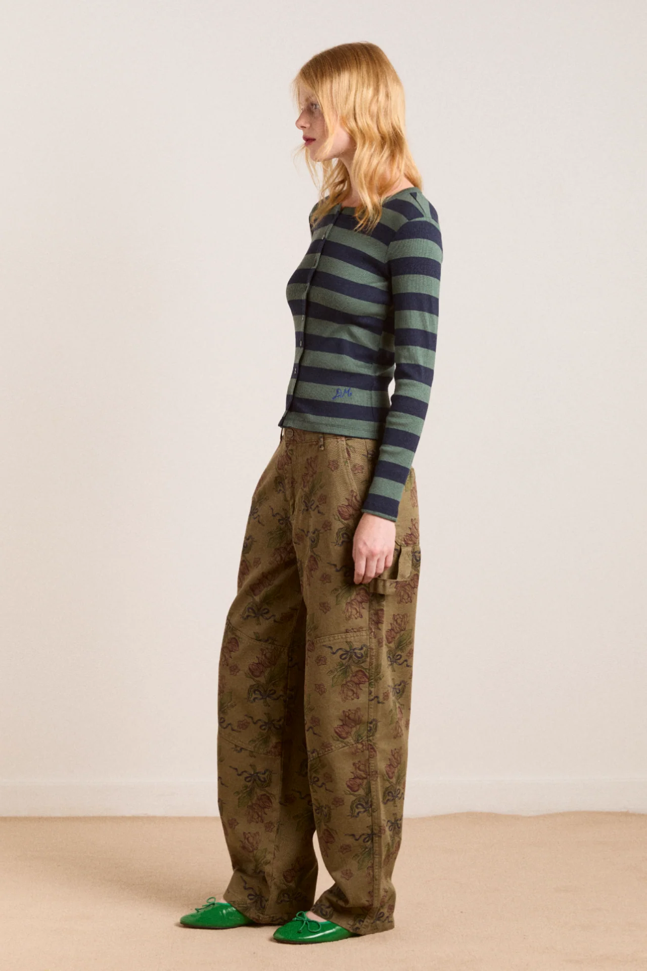 sybil stripe crew cardigan - green/navy stripe