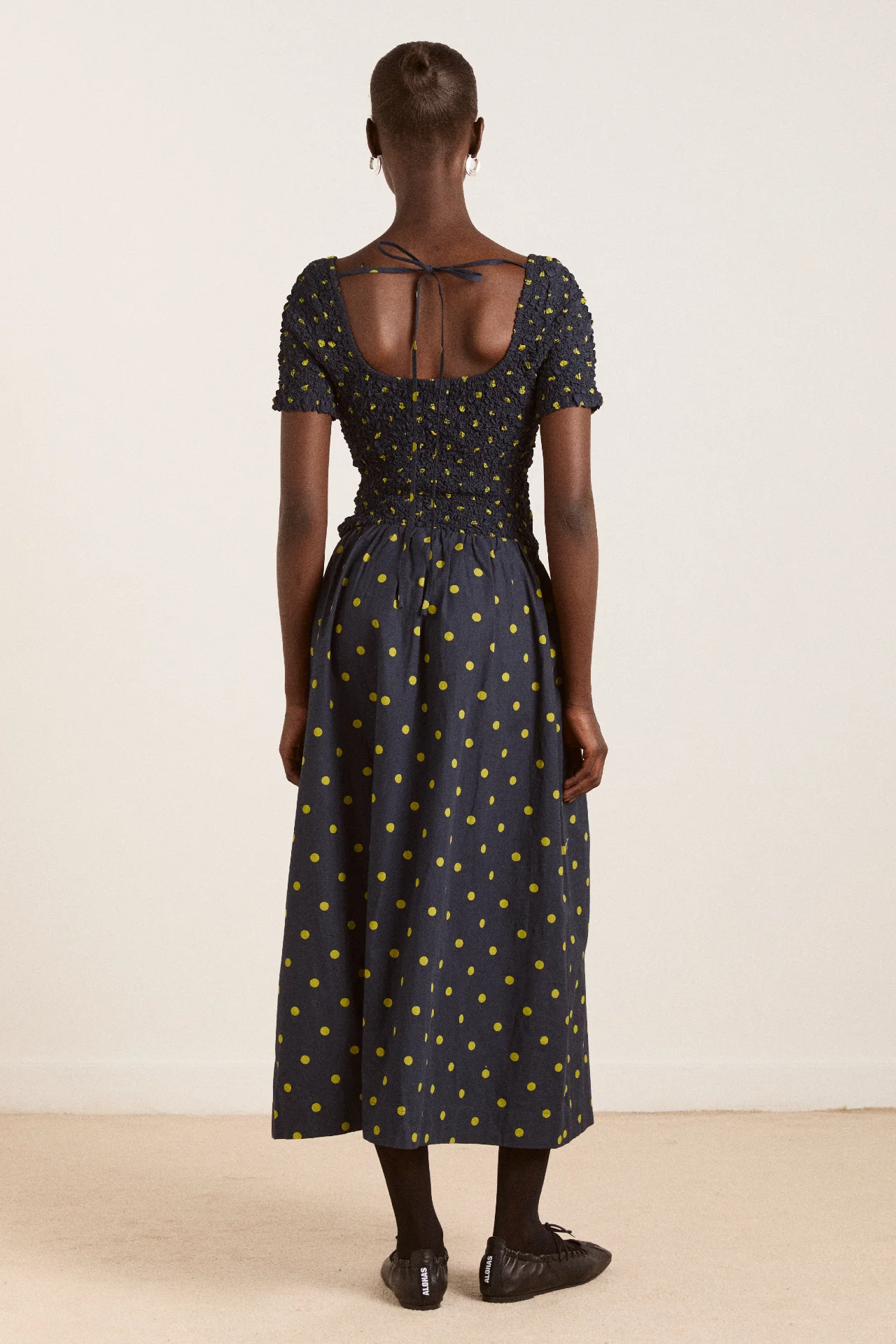 malinda super smocked midi dress - navy olive spot