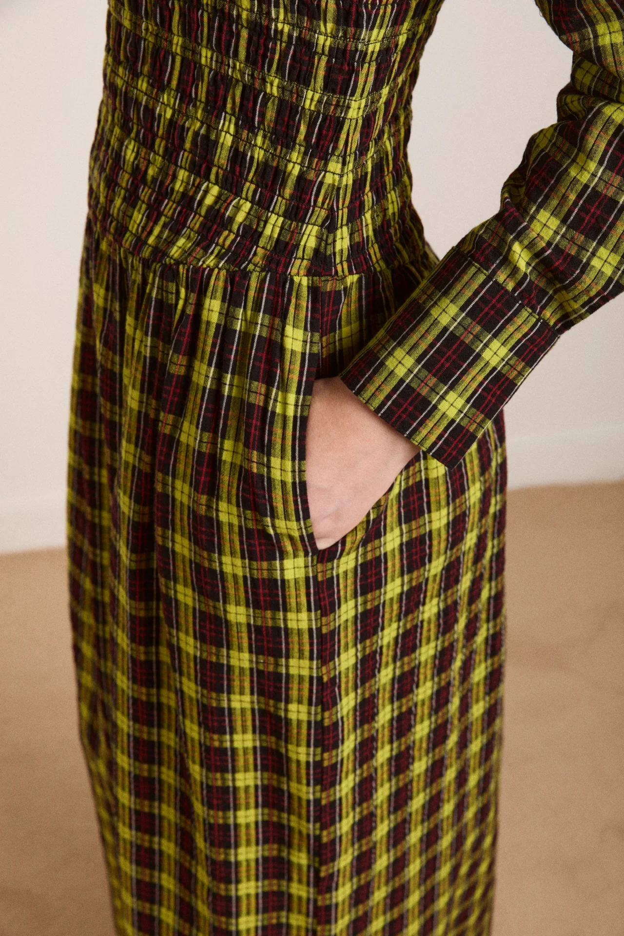 hazel long sleeve midi dress - bold yellow check