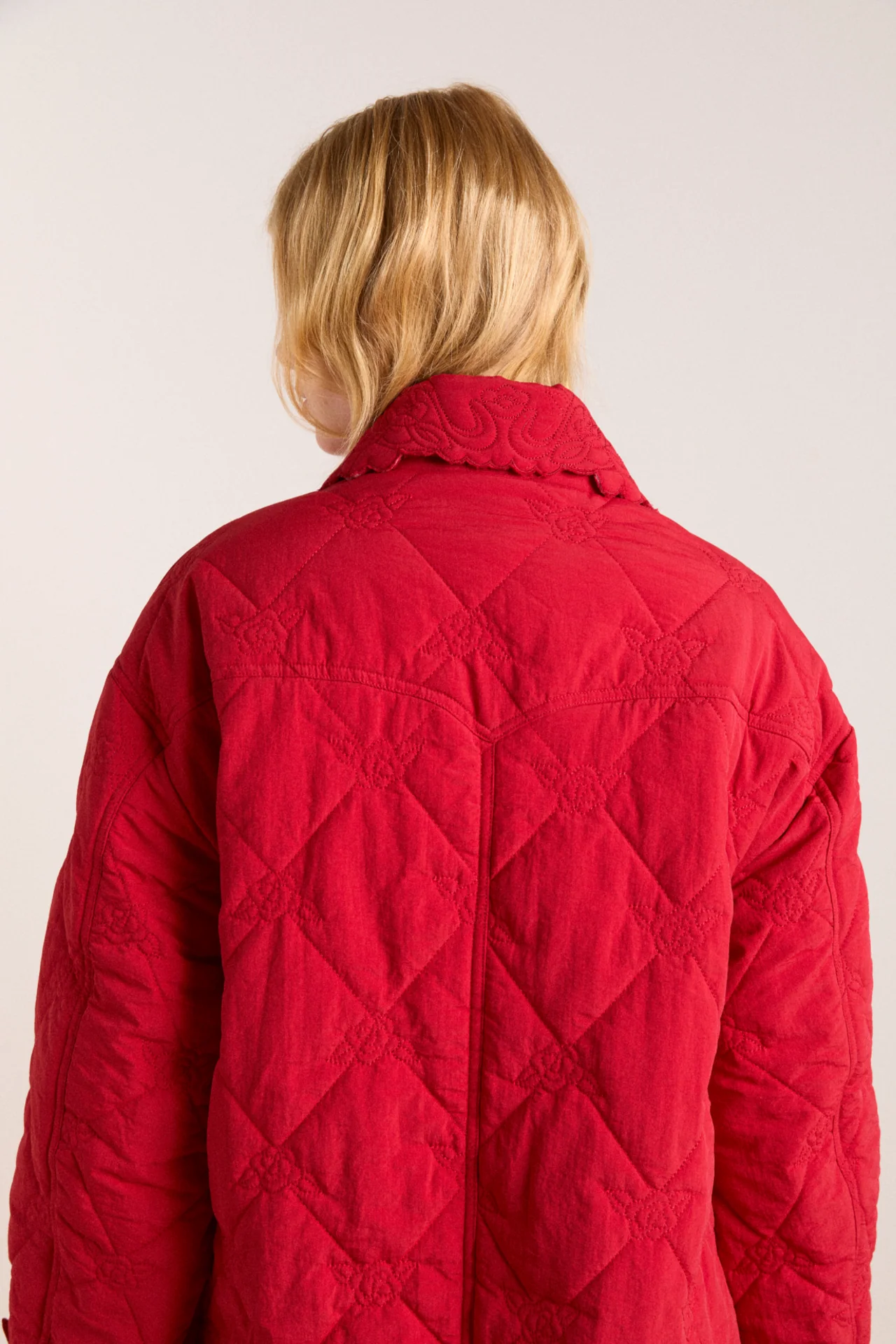 avery embroidered quilted coat - red