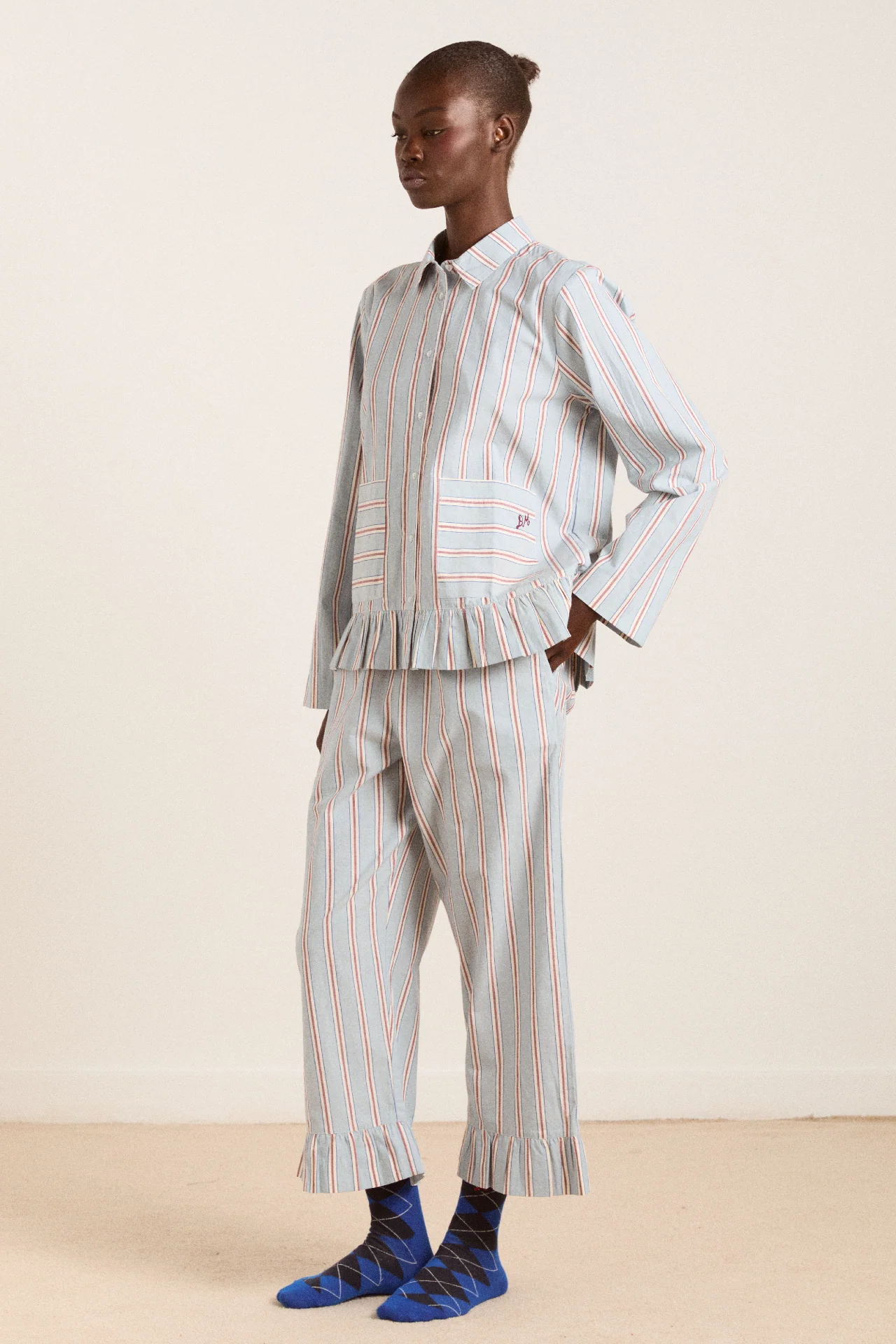 frill florie pj set - blue/burg stripe