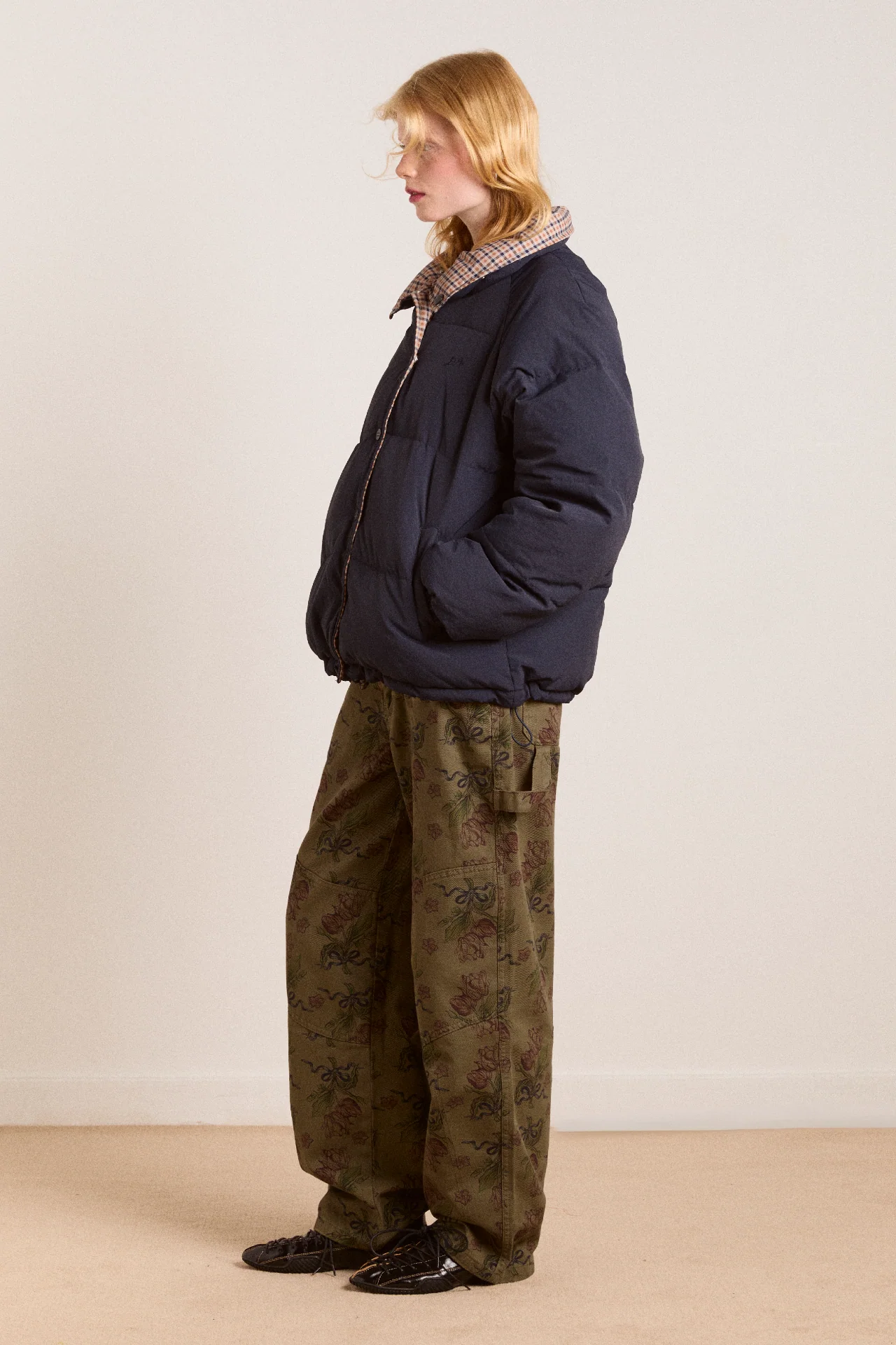 reversible opal puffer - navy & check