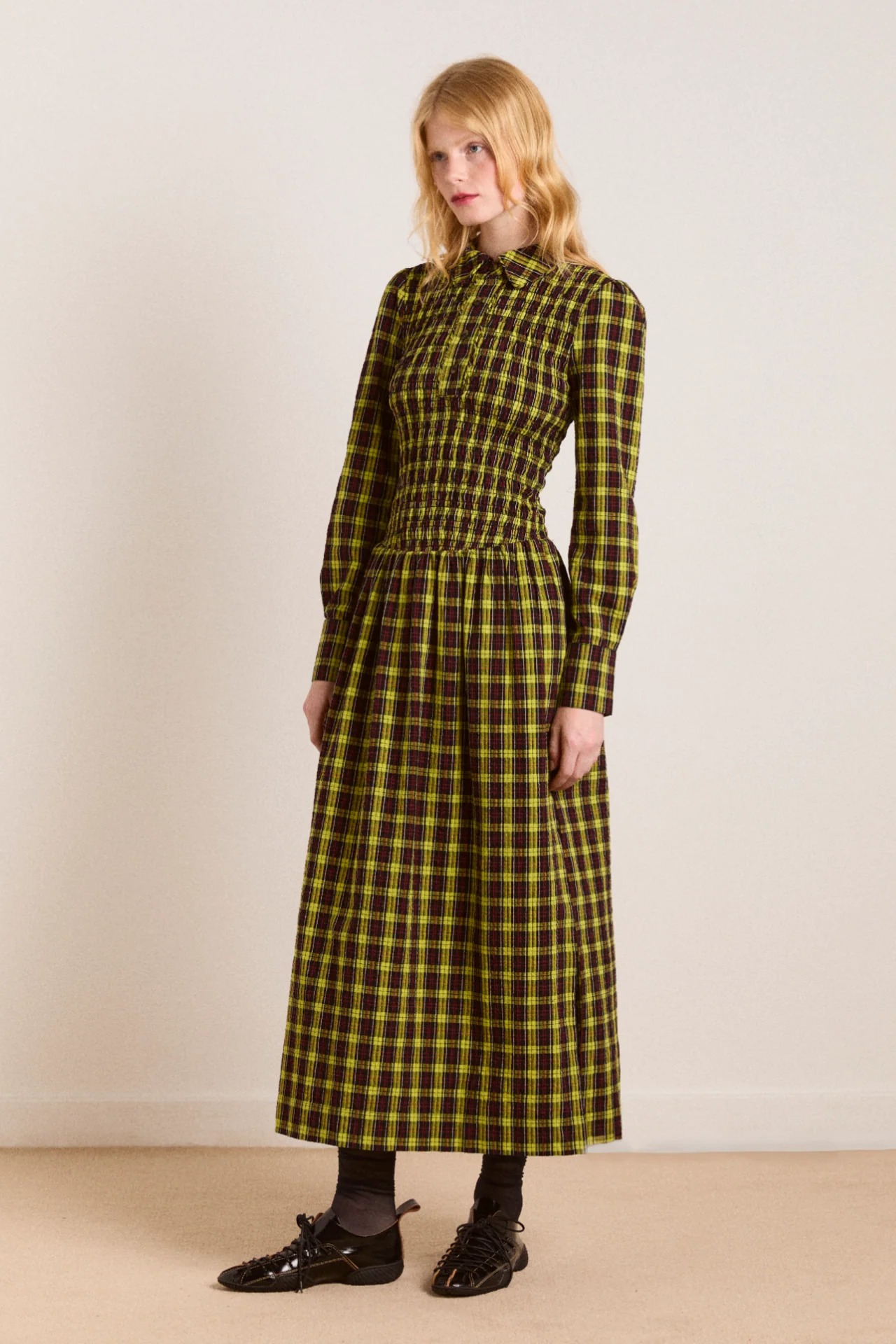 hazel long sleeve midi dress - bold yellow check
