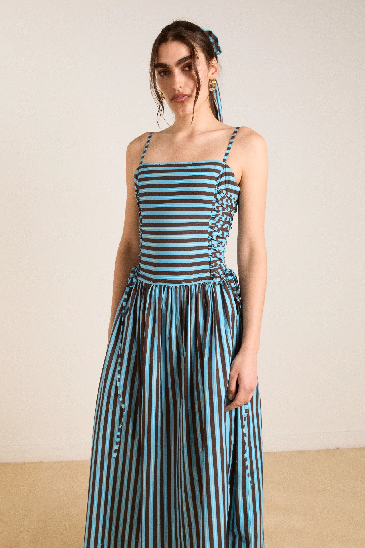 angelina midi dress - blue/choc stripe