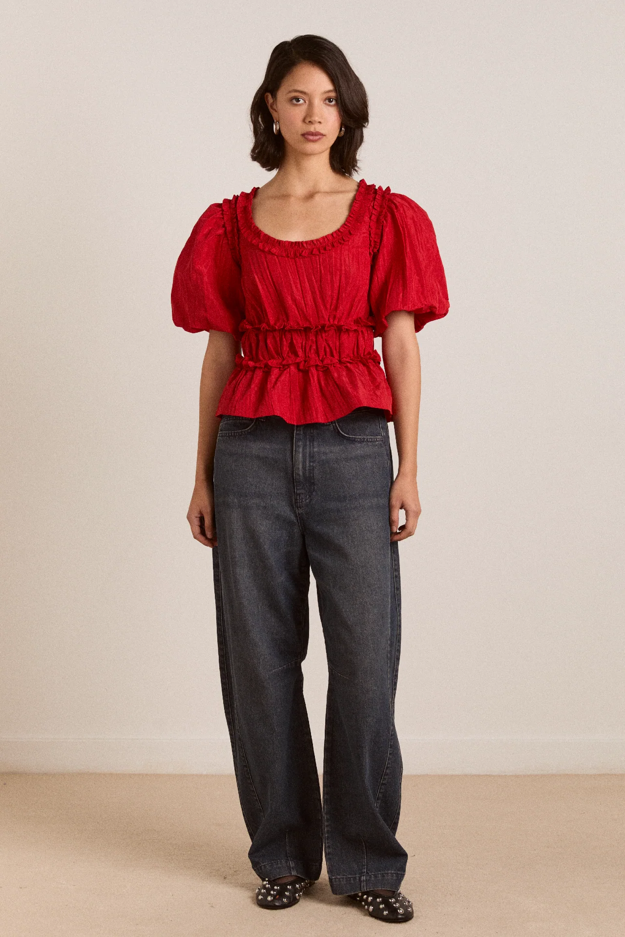 everly ruffle blouse red tafetta