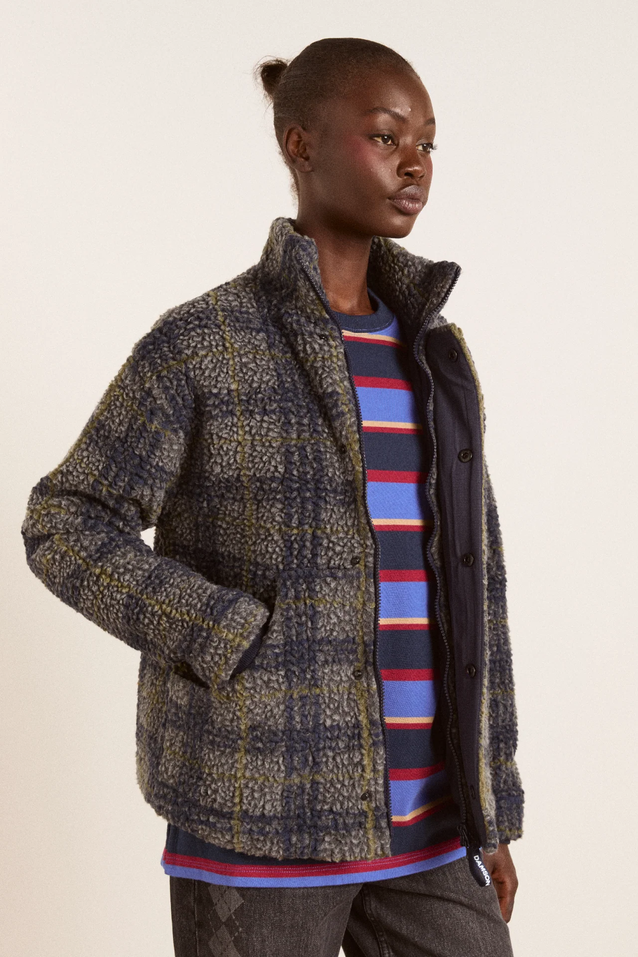 laurel borg jacket - grey marl olive pop check
