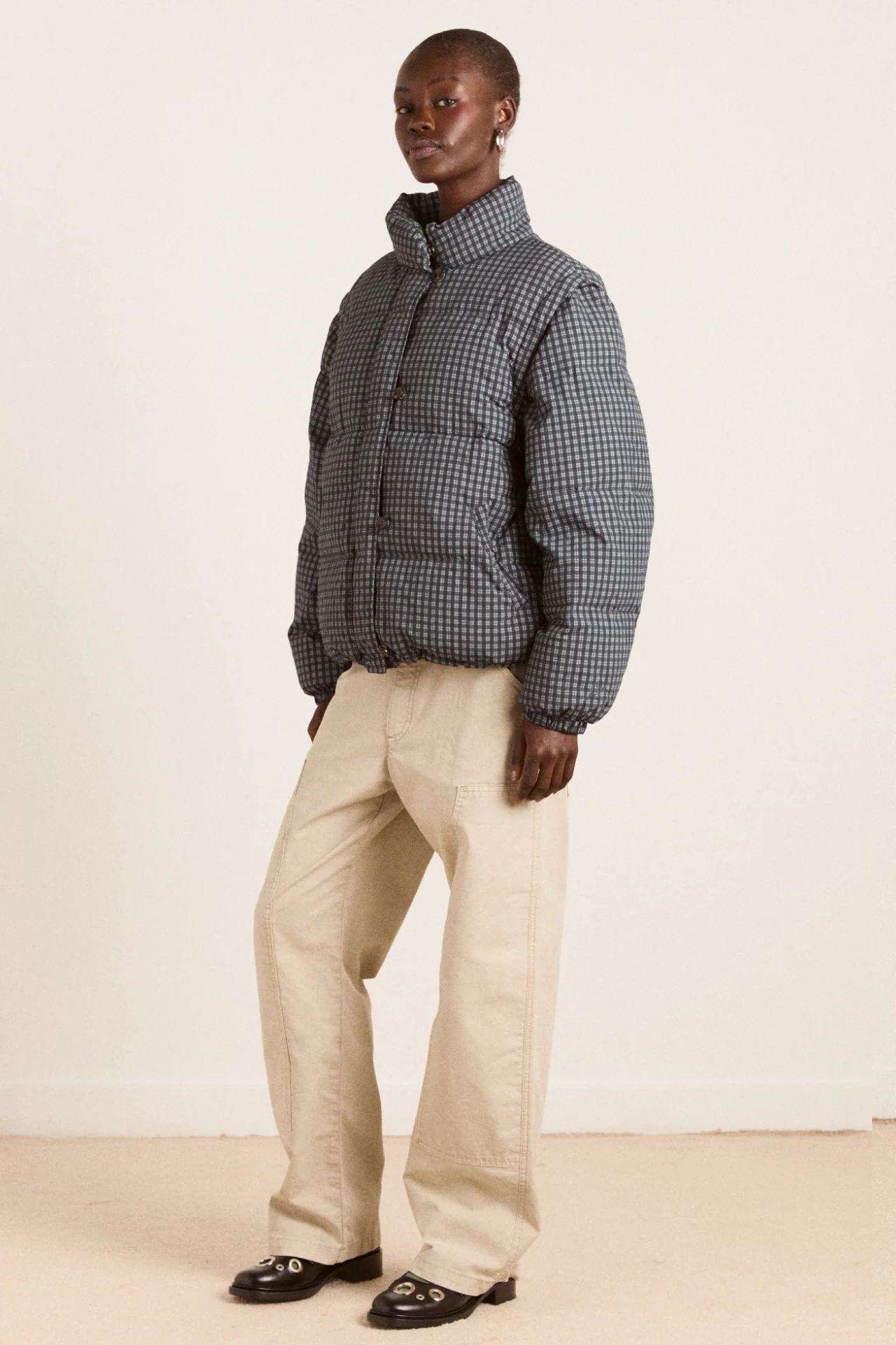 pearl check puffer - navy gingham