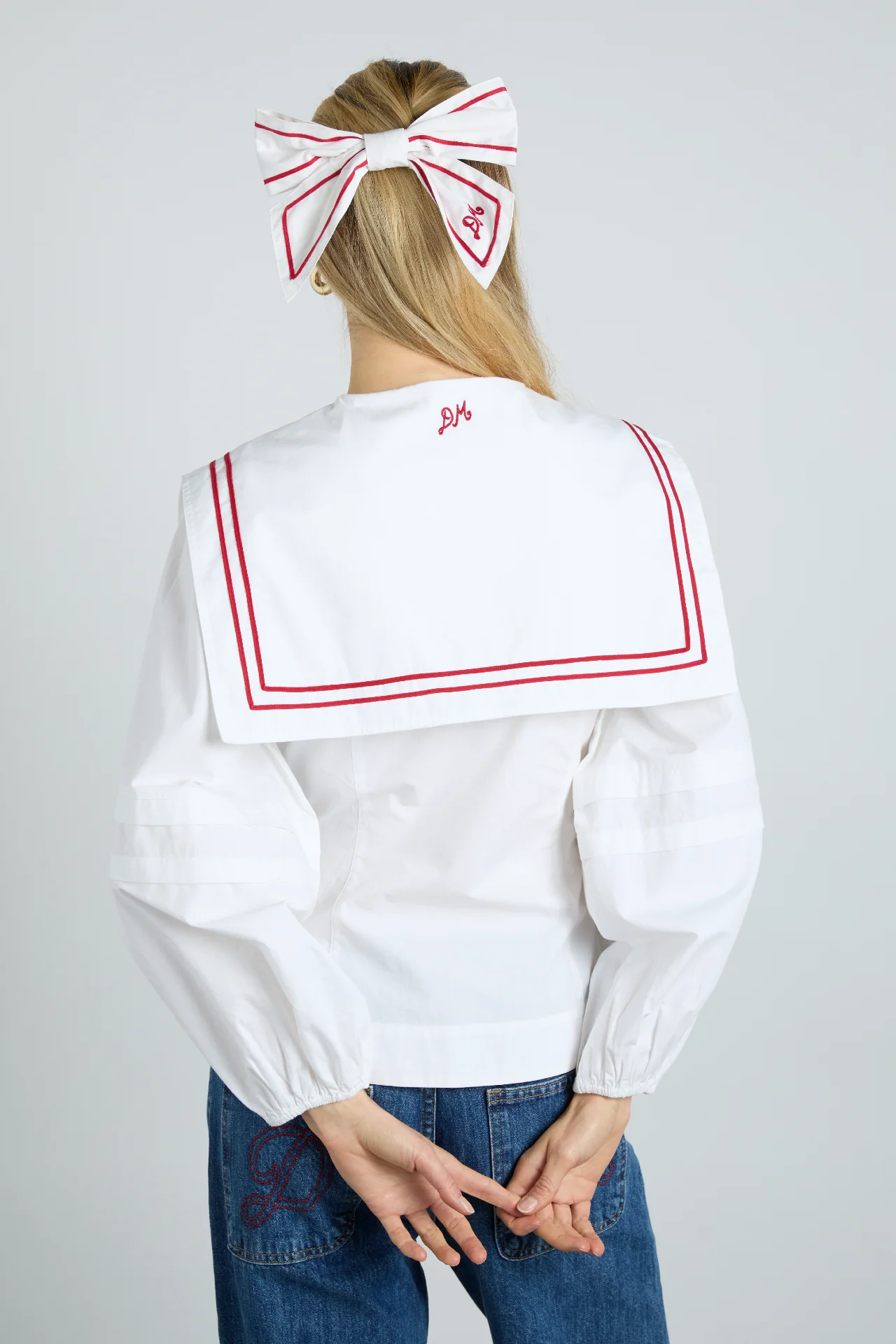 elise blouse - white with red piping