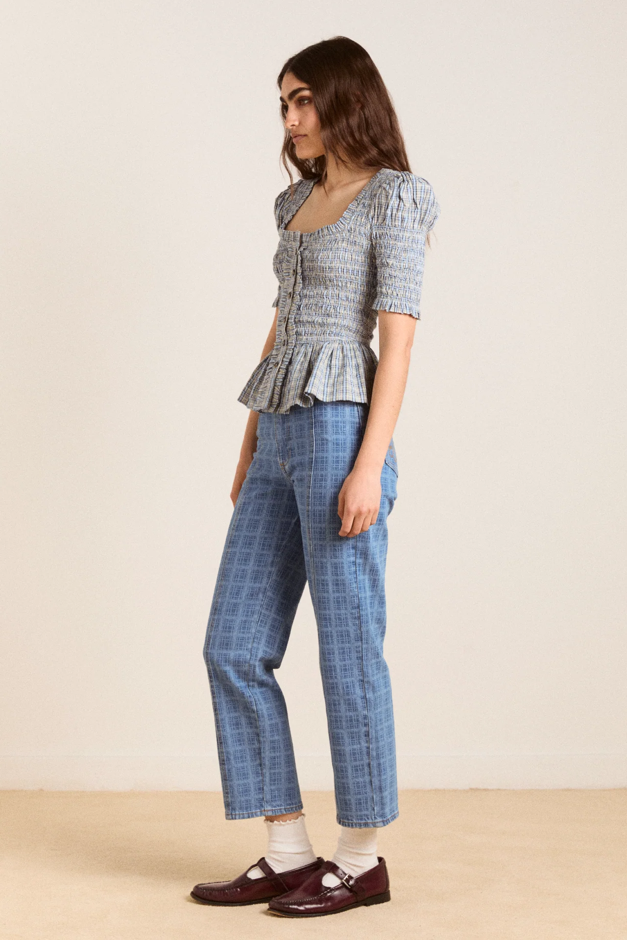 mansi shirred blouse - cloudy check