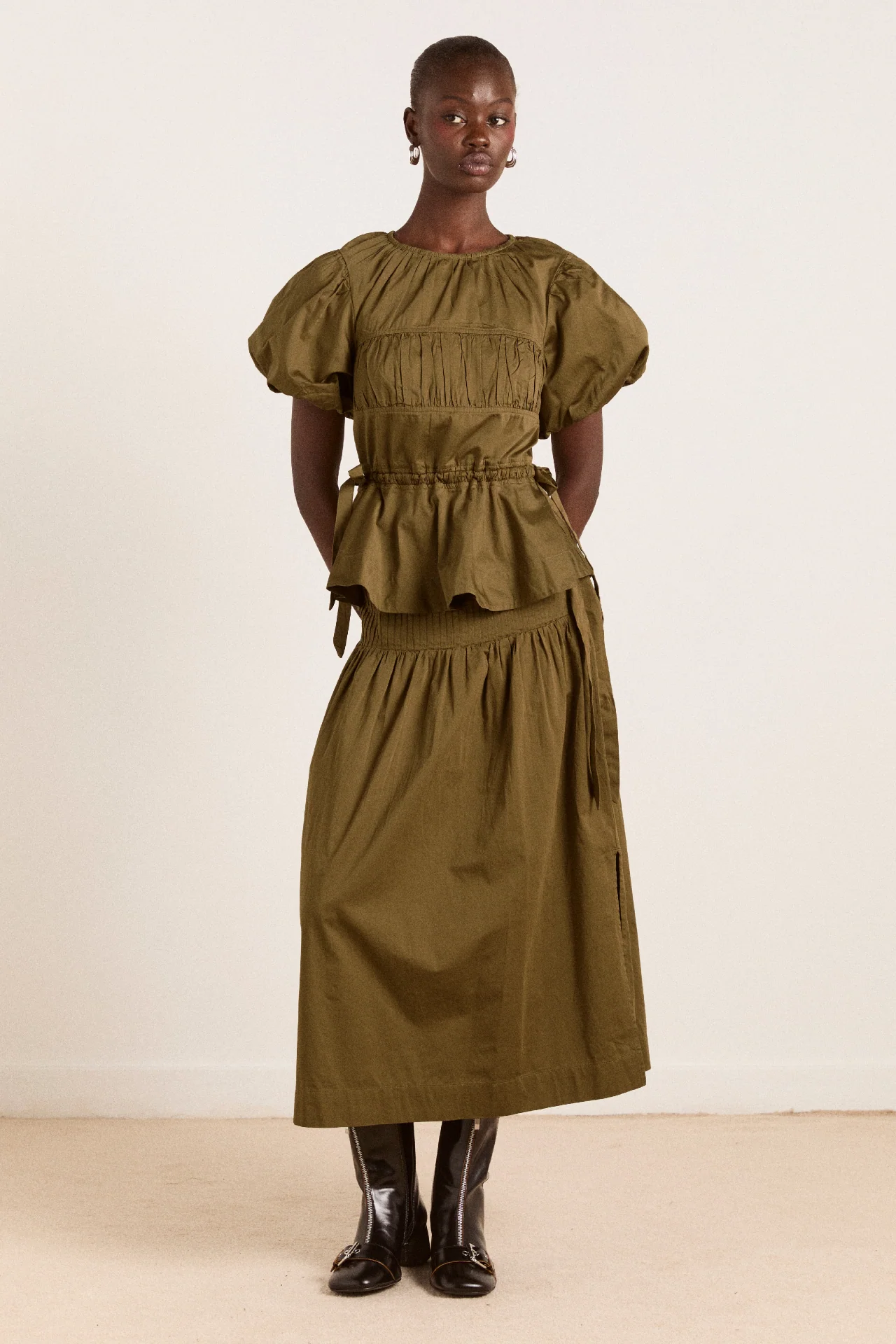 josie midi skirt - olive cotton satin