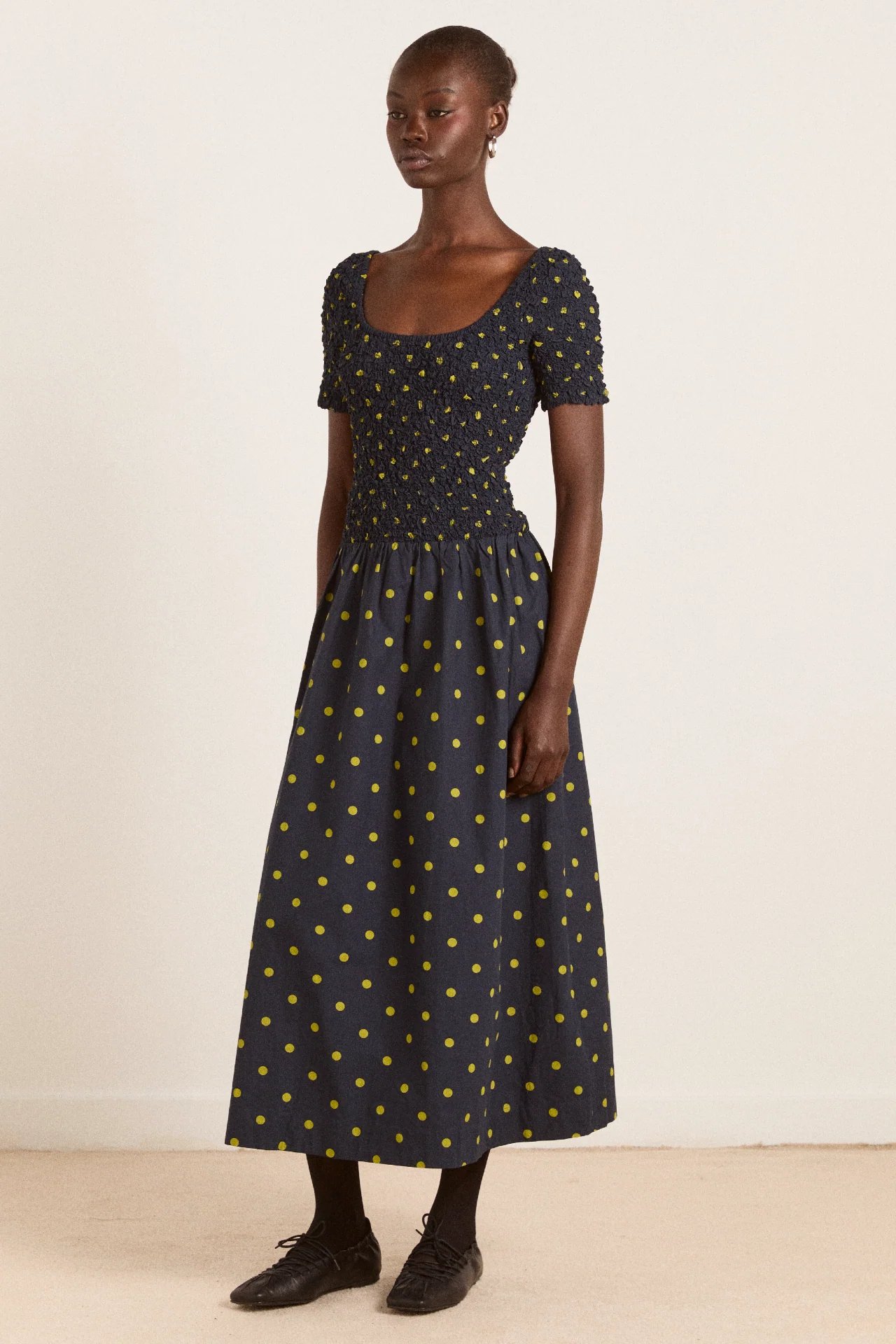 malinda super smocked midi dress - navy olive spot