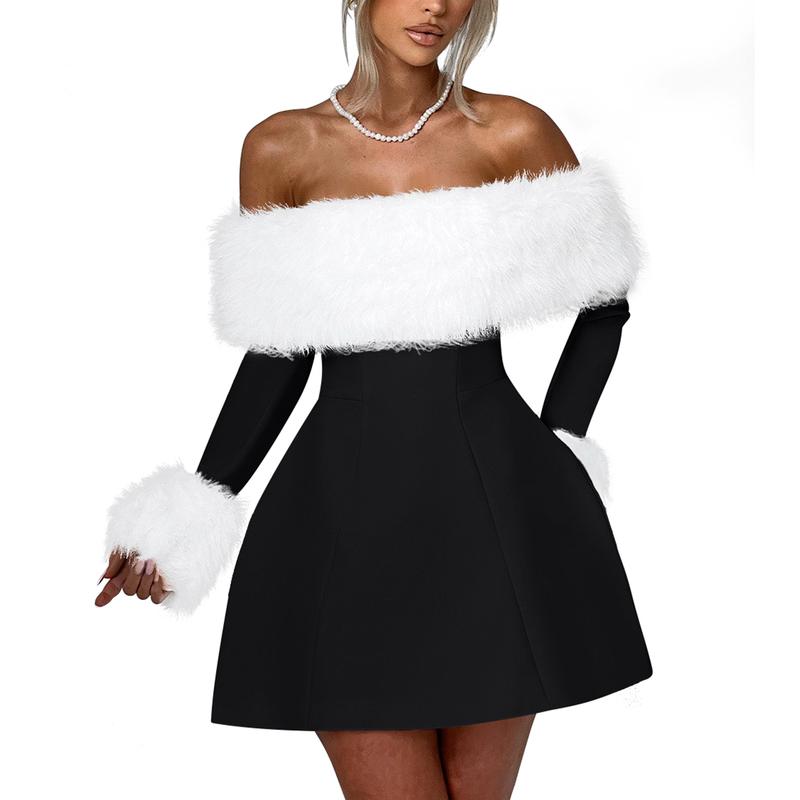 OYS Women's Off Shoulder Long Sleeve Fur Trim A-Line Party Club Mini Dress