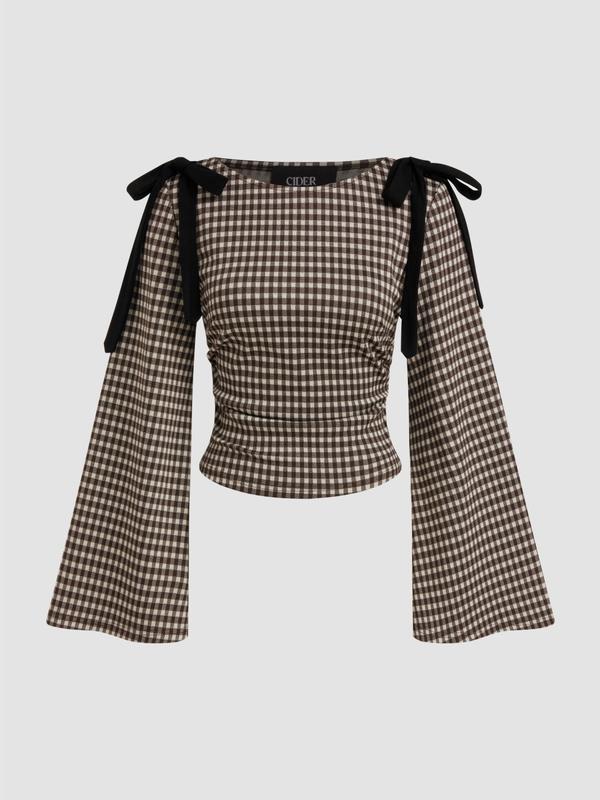 Cider Boat Neck Gingham Bowknot Ruched Long Sleeve Top
