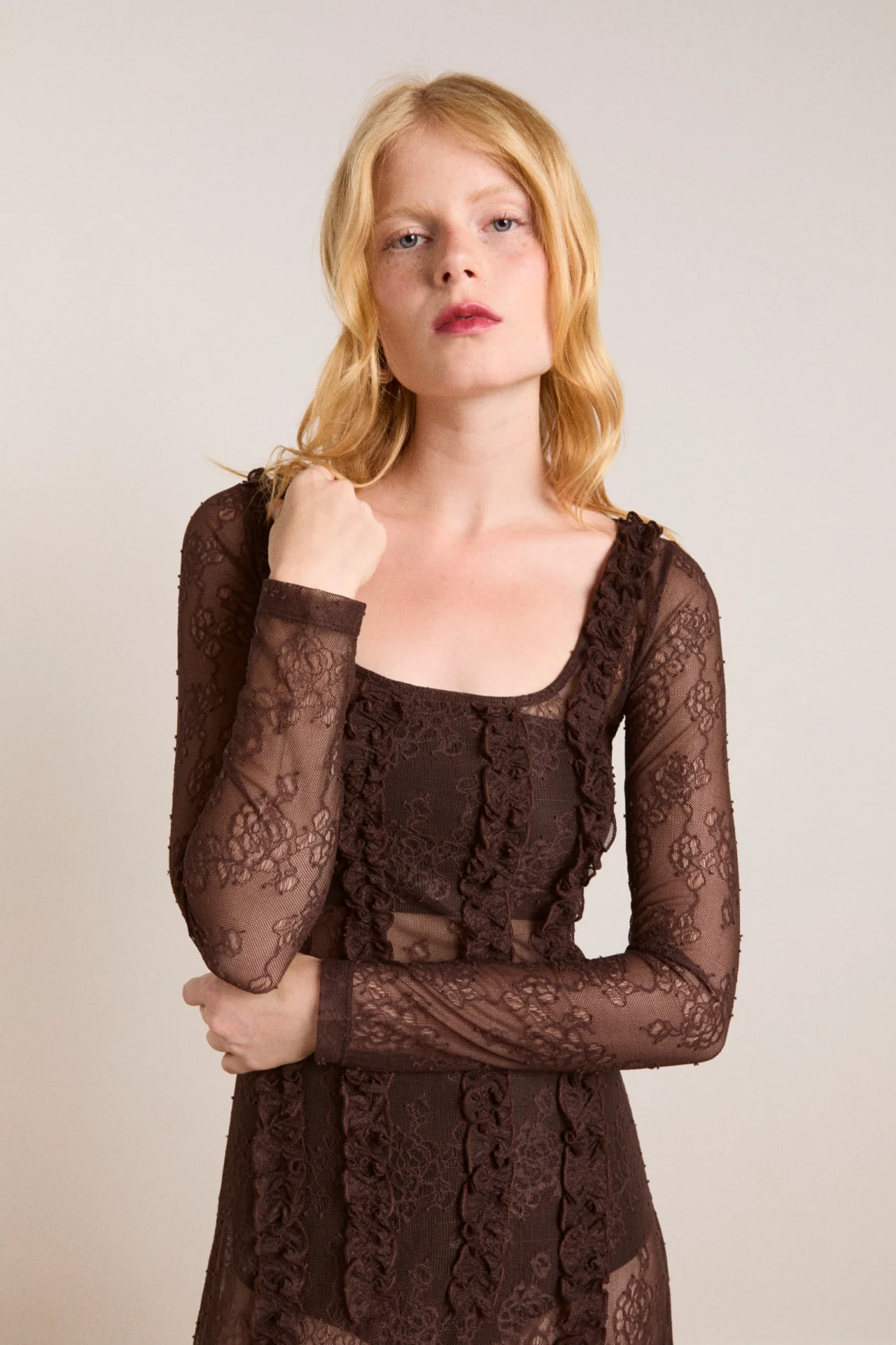 raphi lace midi dress - coffee