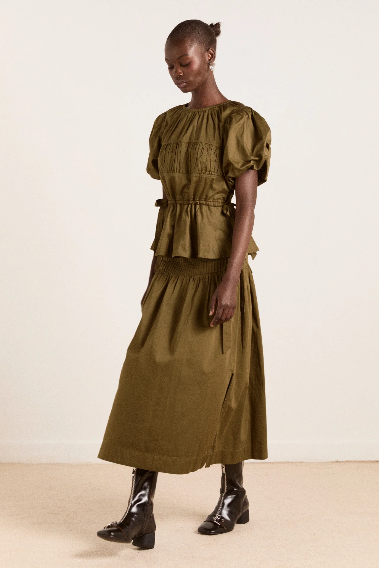 josie midi skirt - olive cotton satin