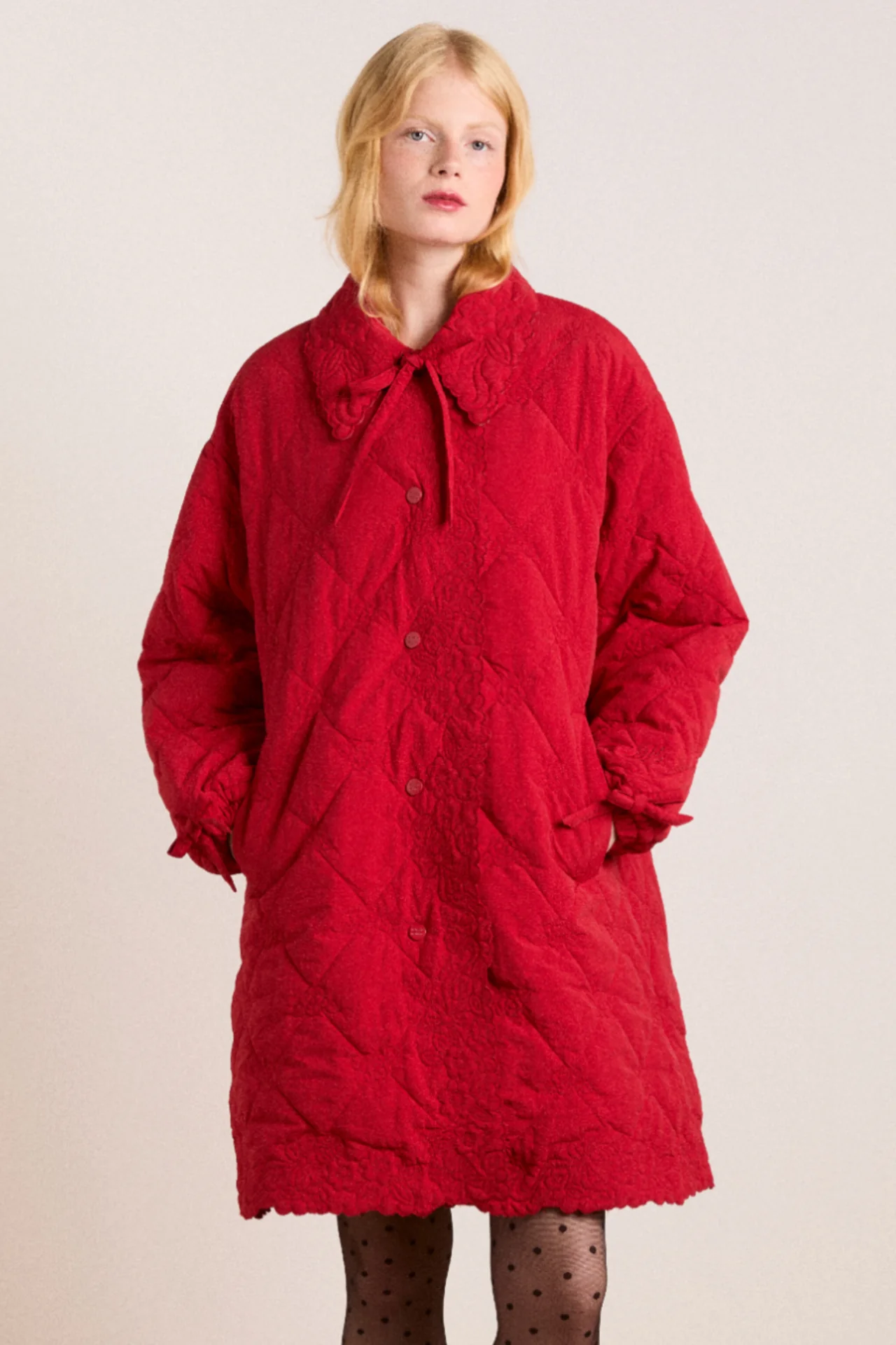 avery embroidered quilted coat - red