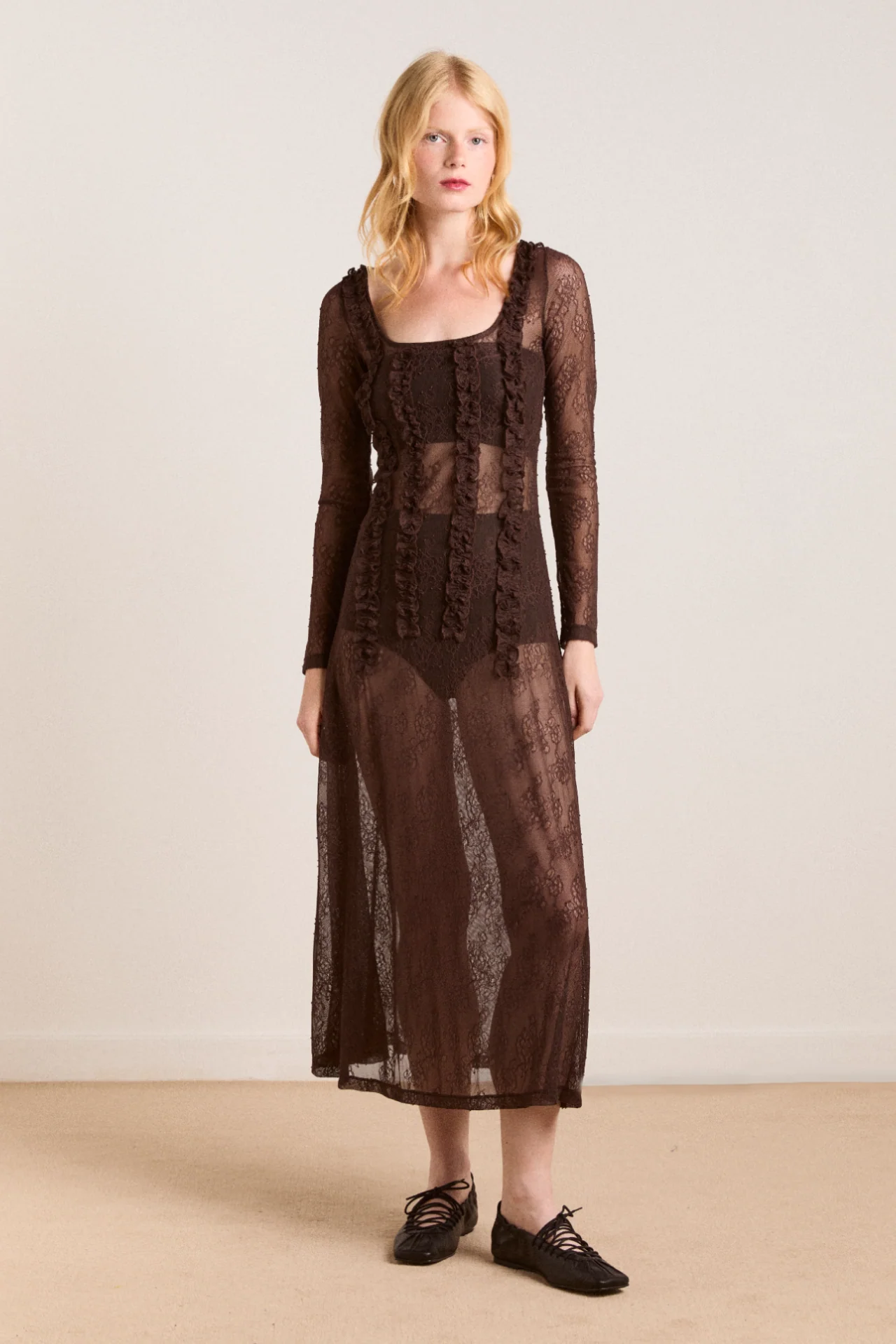 raphi lace midi dress - coffee