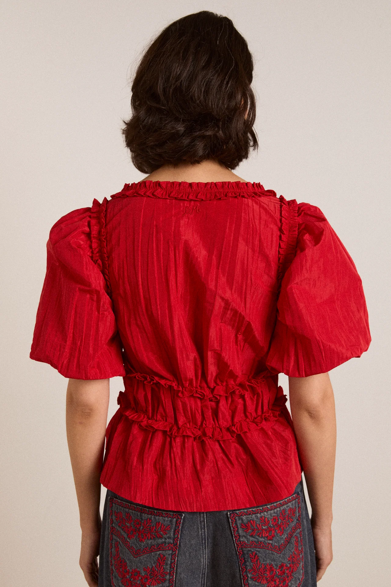 everly ruffle blouse red tafetta