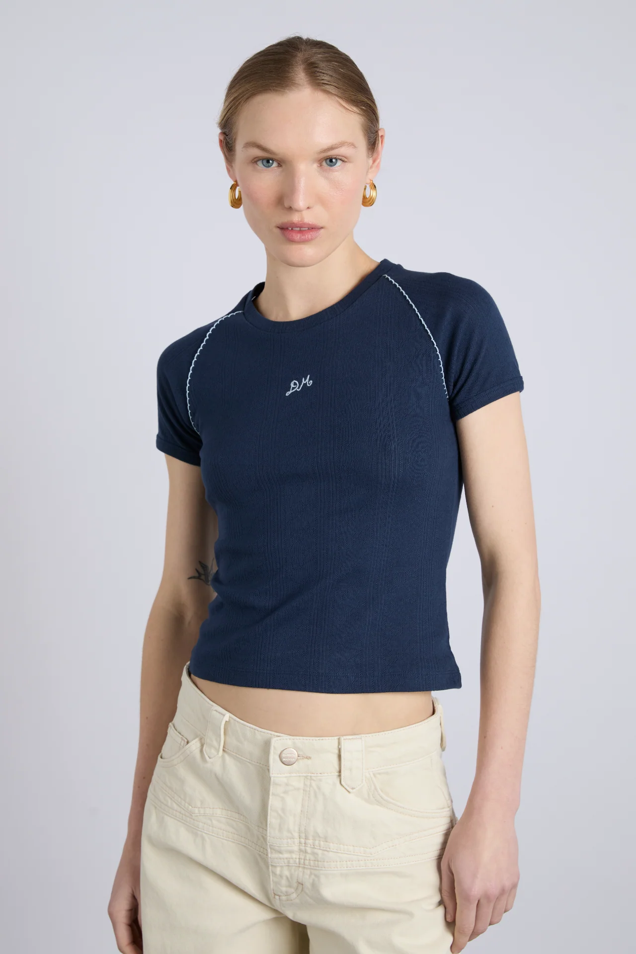 aster pointelle raglan baby tee - navy