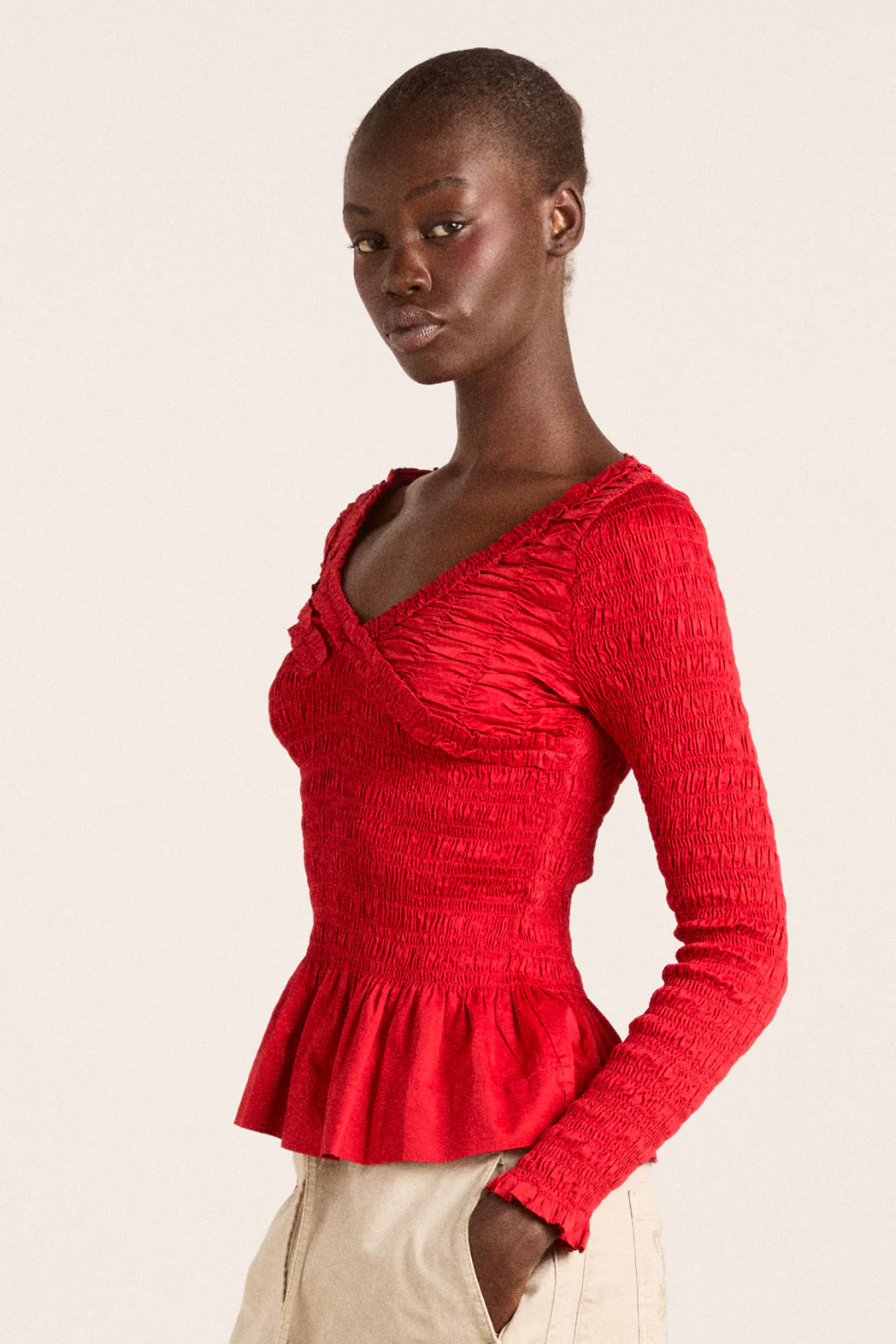 suri shirred cotton satin blouse - red