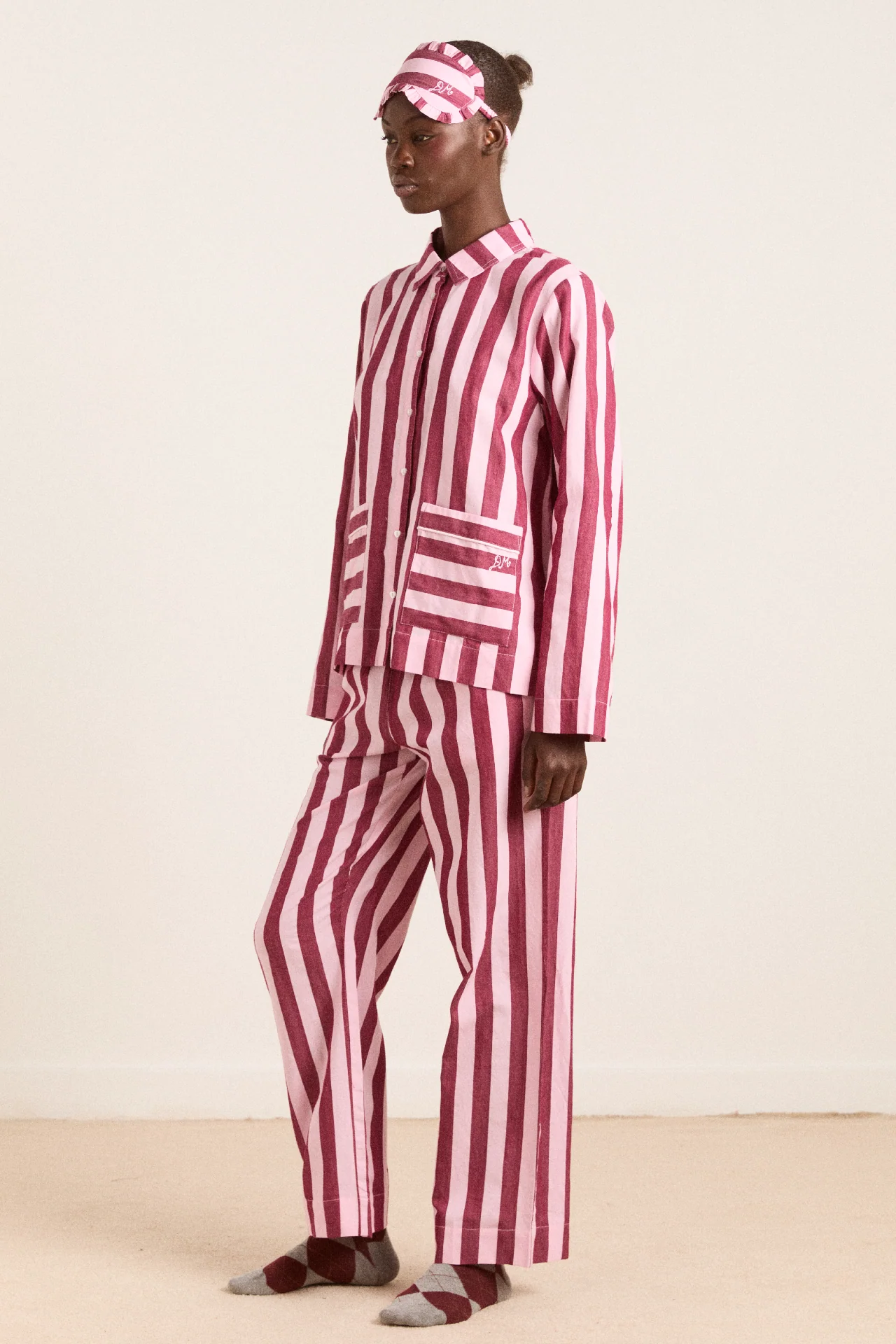 florie pj set - burg/pink wide stripe