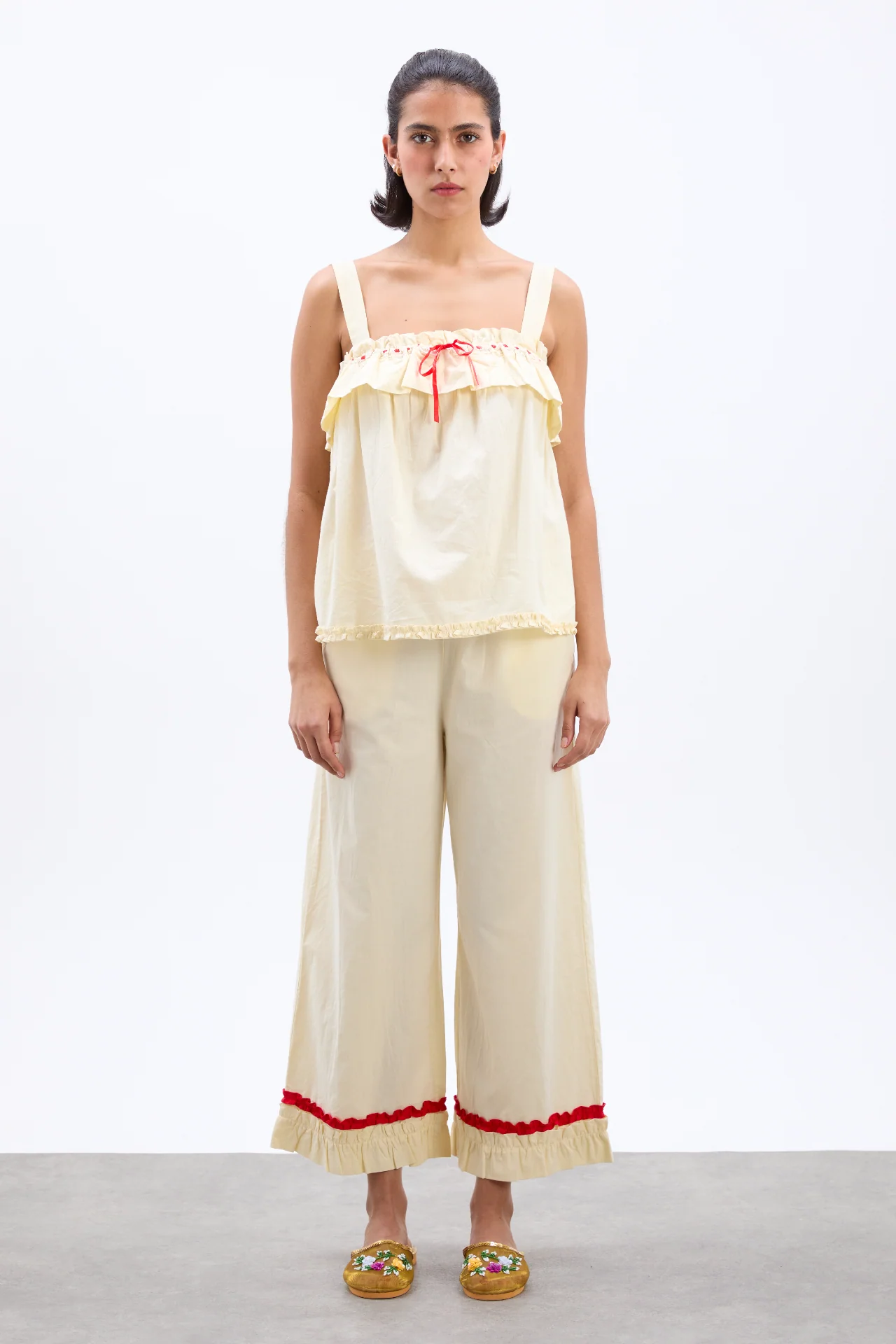 tula frilly hem trouser - butter/red