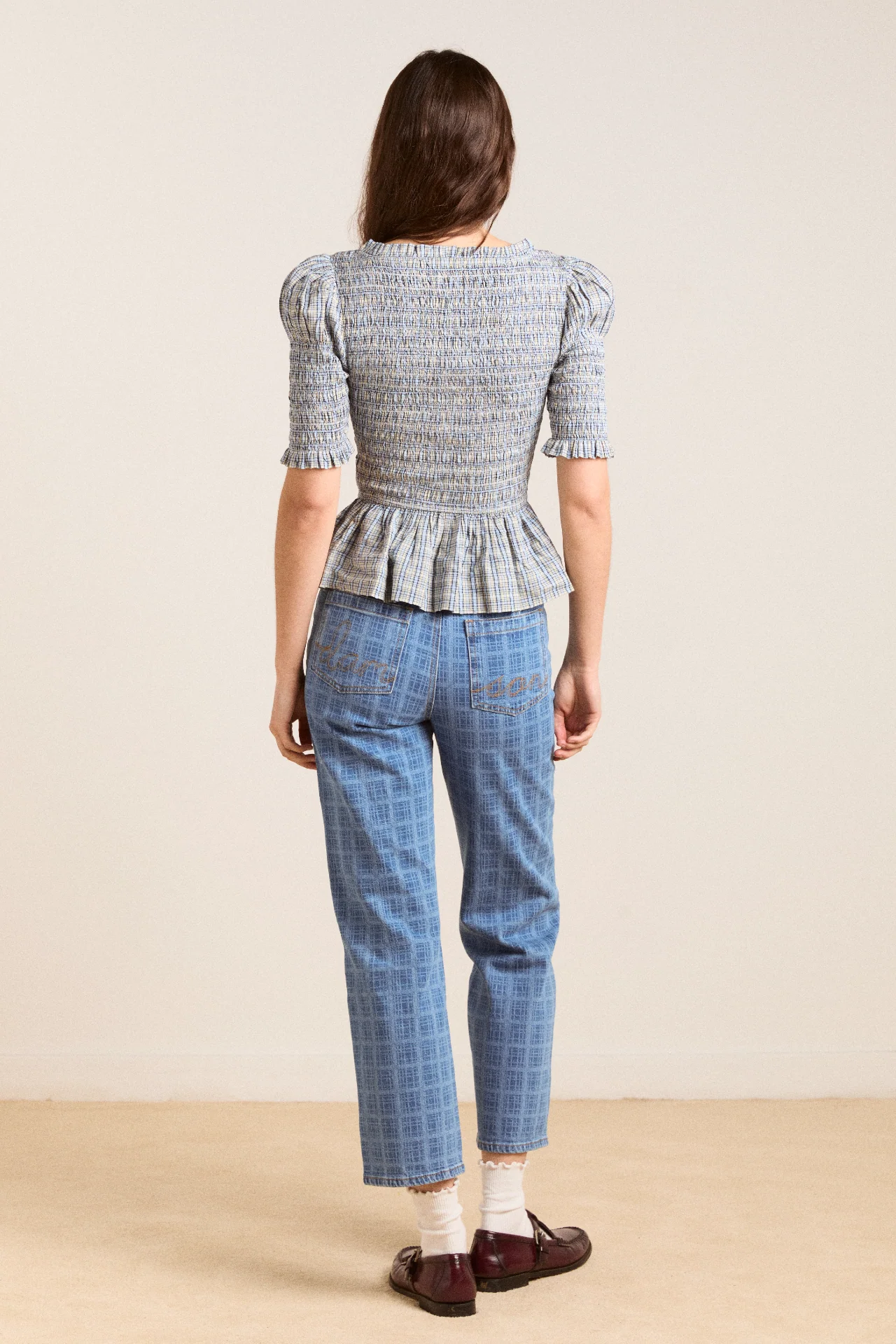 mansi shirred blouse - cloudy check