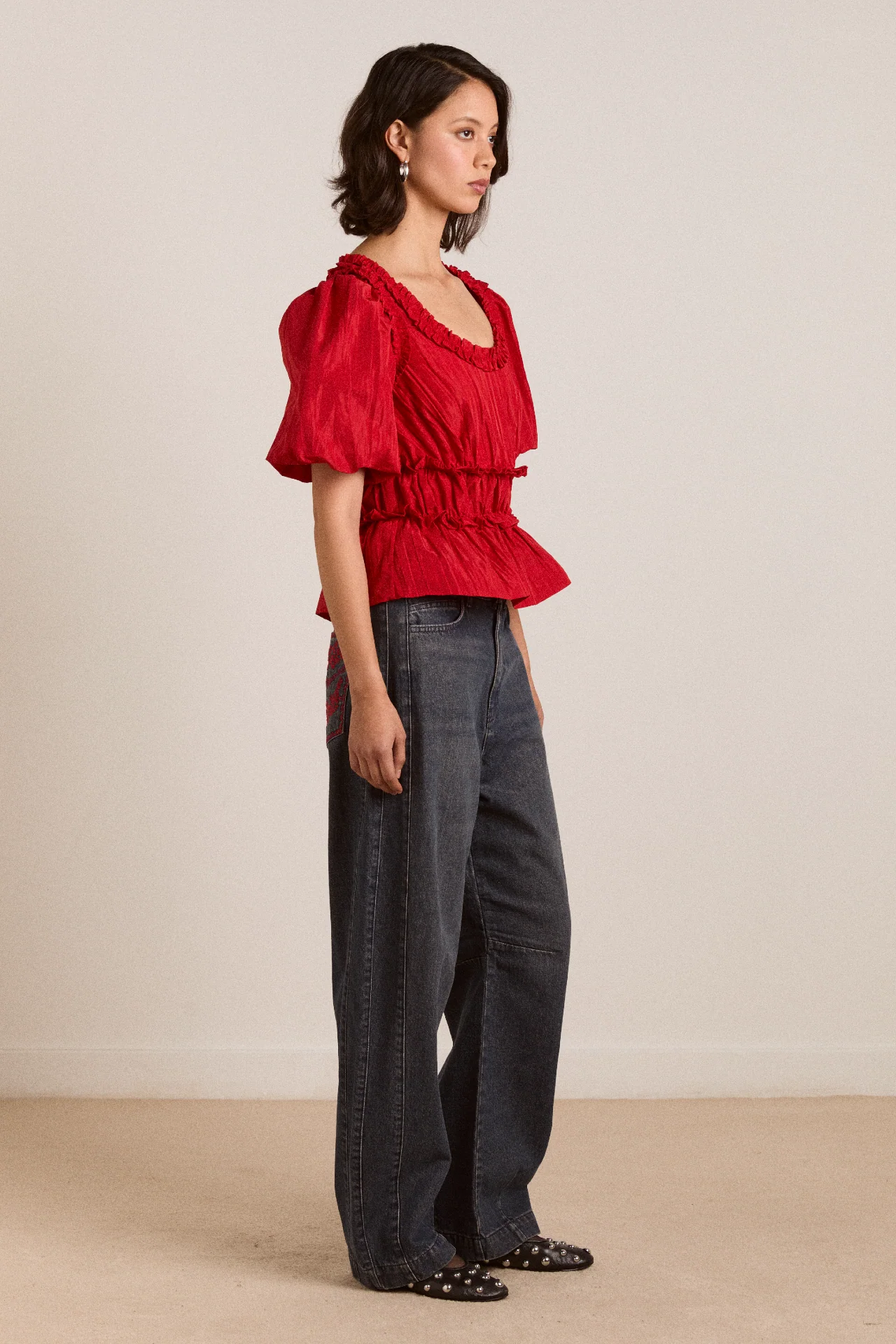 everly ruffle blouse red tafetta