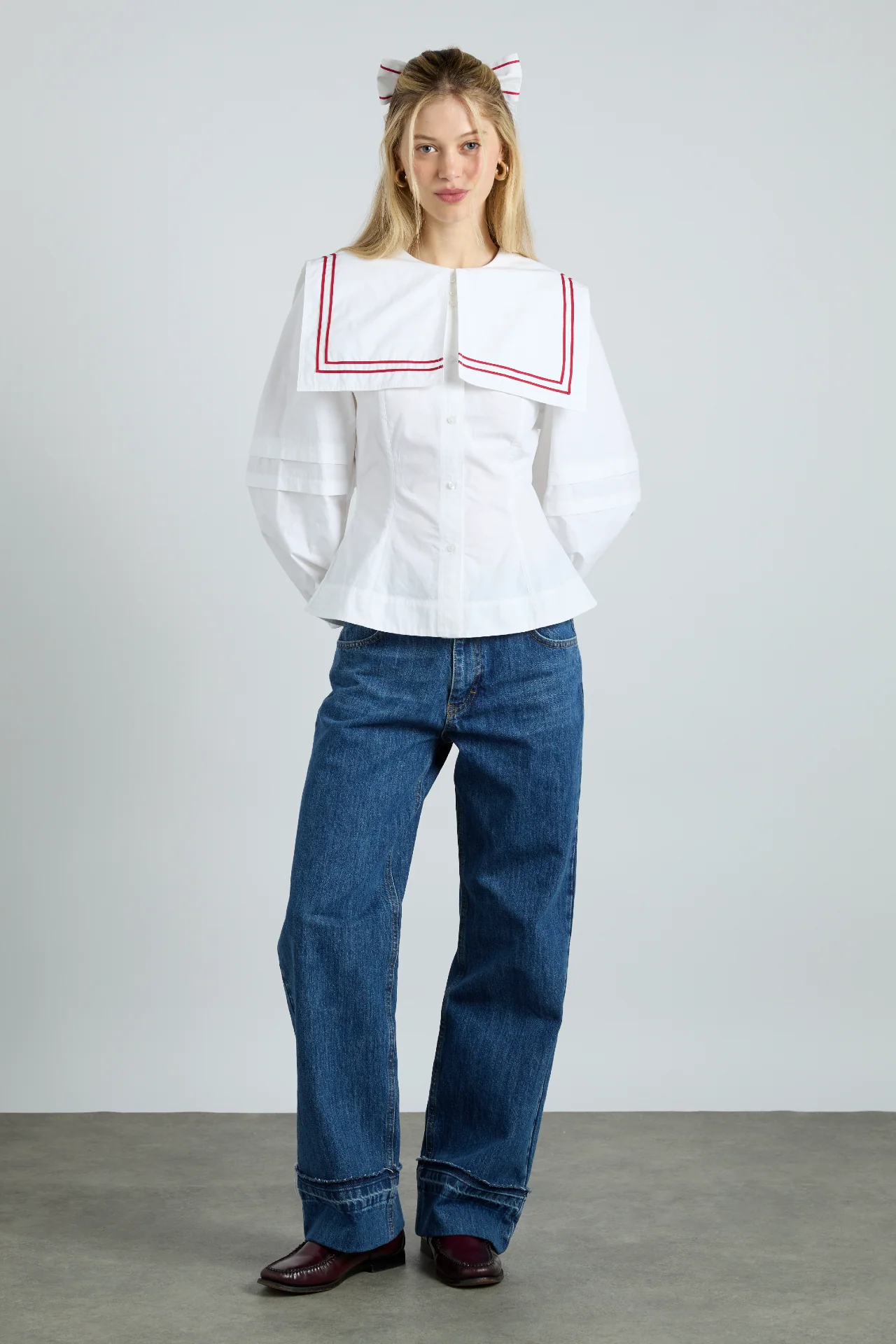elise blouse - white with red piping