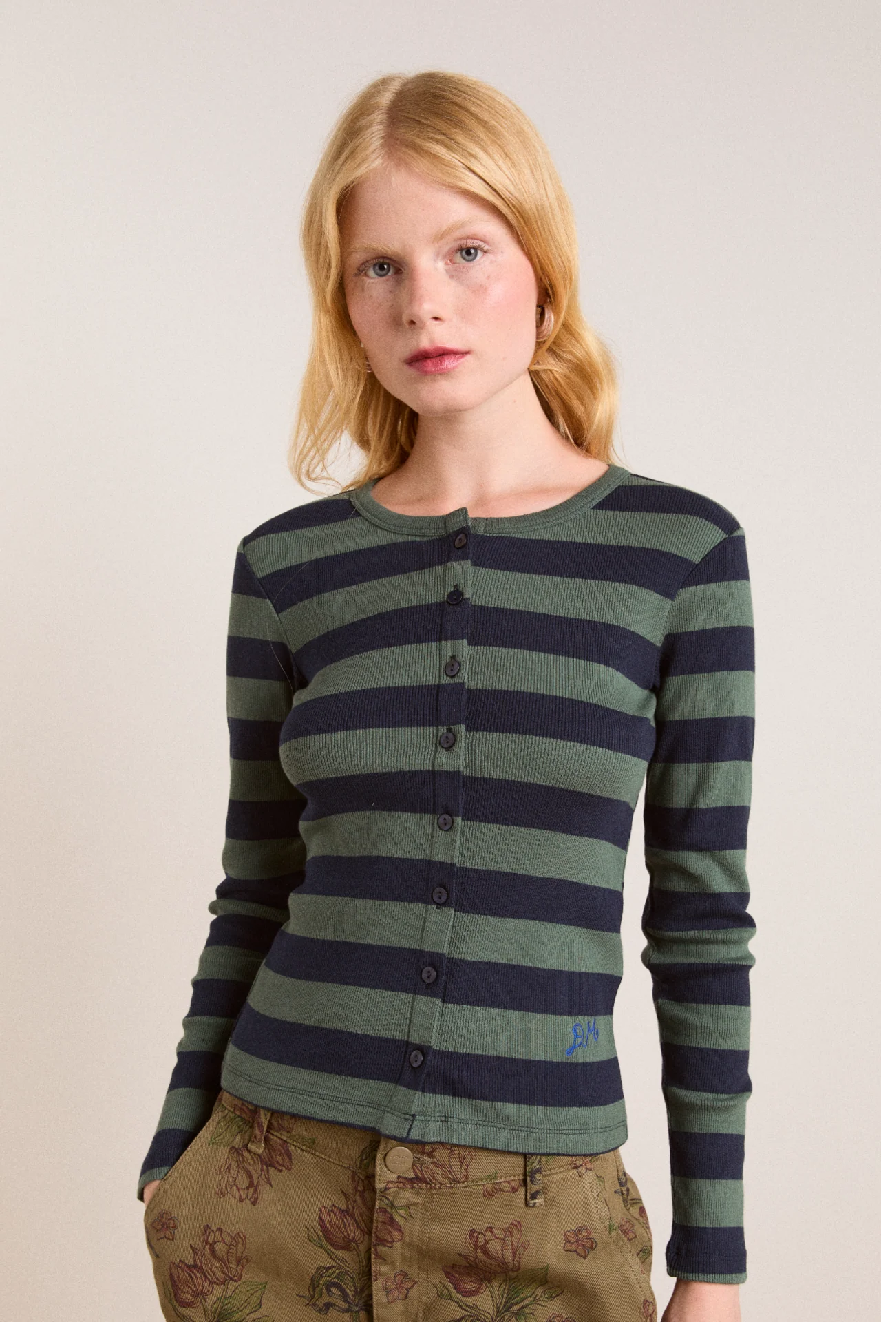 sybil stripe crew cardigan - green/navy stripe